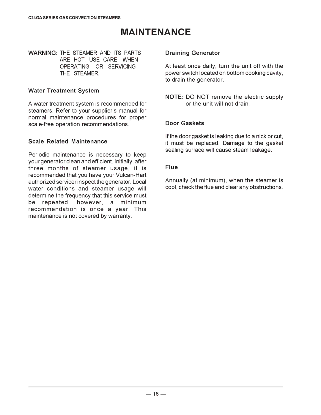 Vulcan-Hart C24GA6, ML-136022, ML-136021, C24GA10 operation manual Water Treatment System, Scale Related Maintenance, Flue 