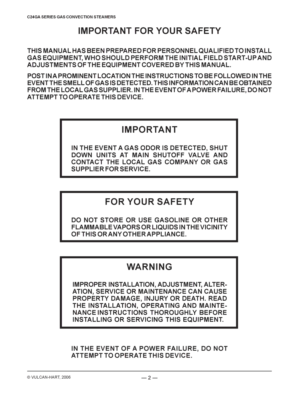 Vulcan-Hart ML-136021, C24GA6, ML-136022, C24GA10 operation manual Important for Your Safety, For Your Safety 