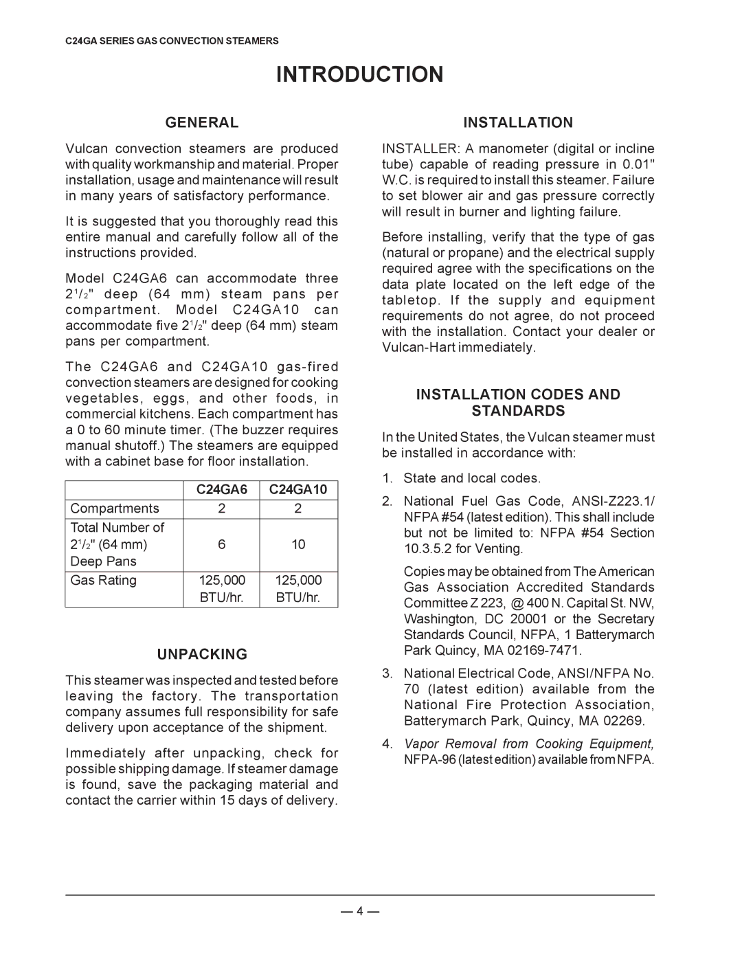 Vulcan-Hart C24GA6, ML-136022, ML-136021, C24GA10 Introduction, General, Unpacking, Installation Codes Standards 