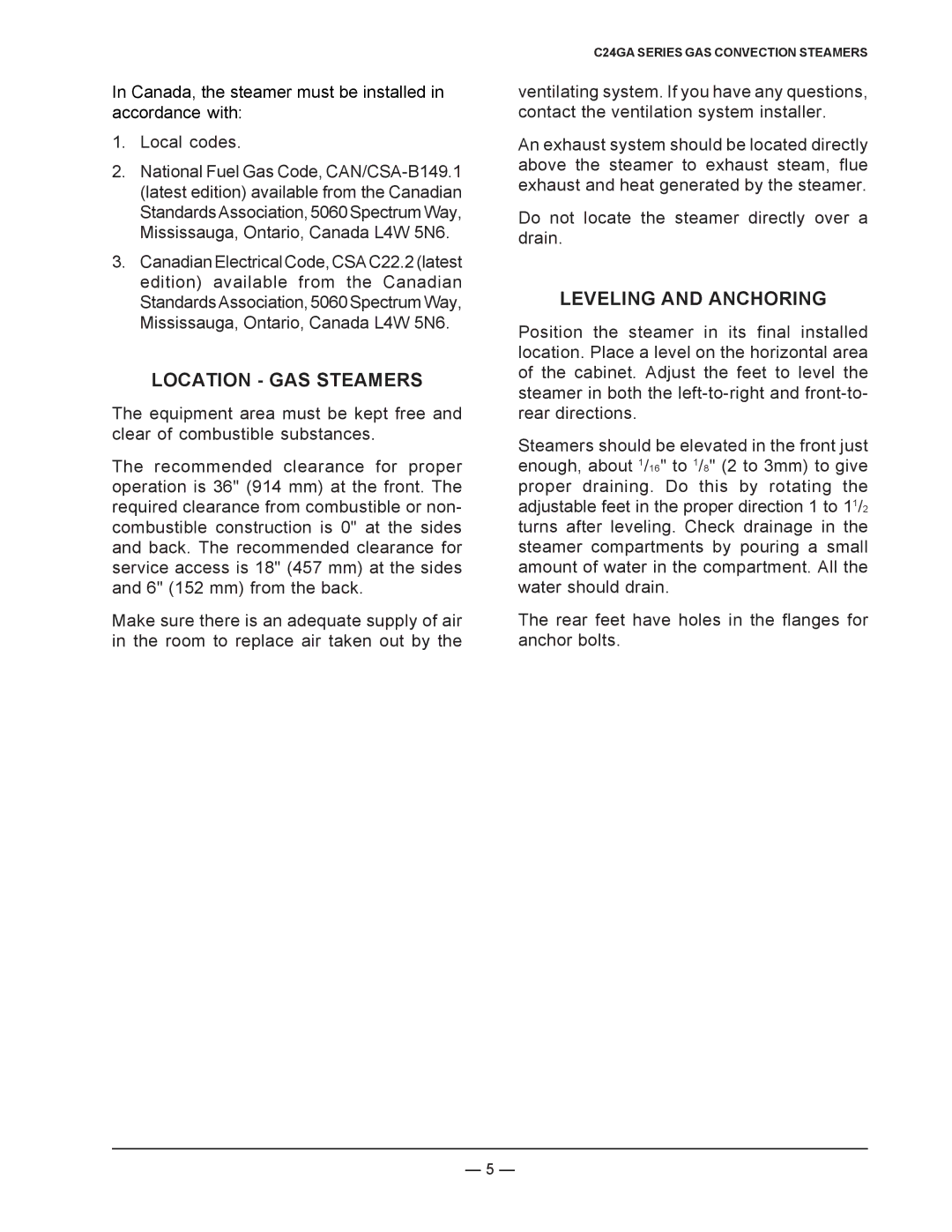 Vulcan-Hart ML-136022, C24GA6, ML-136021, C24GA10 operation manual Location GAS Steamers, Leveling and Anchoring 