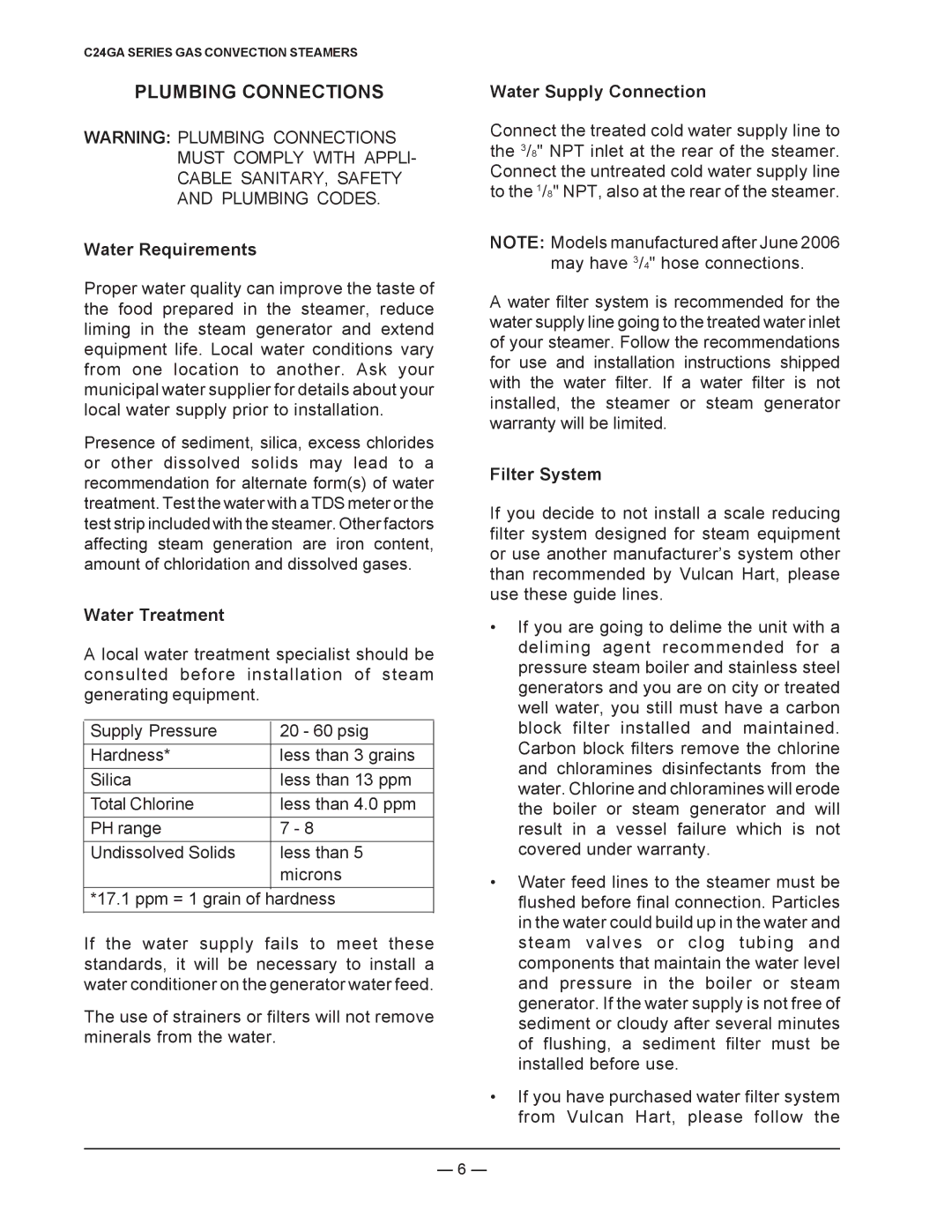 Vulcan-Hart ML-136021 Plumbing Connections, Water Requirements, Water Treatment, Water Supply Connection, Filter System 