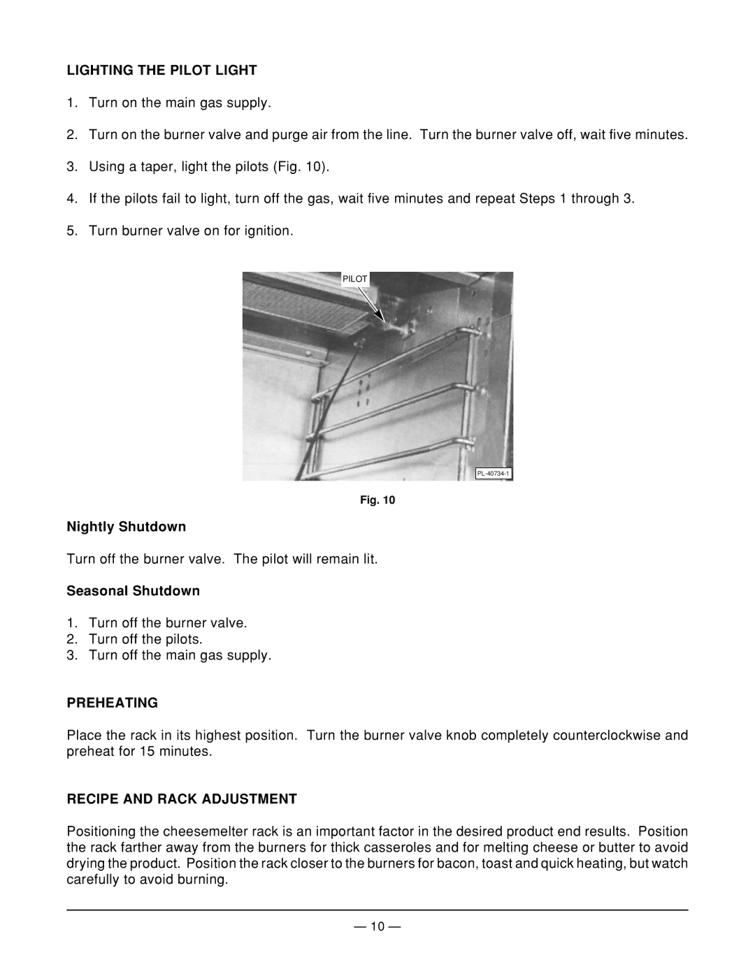 Vulcan-Hart CMR34 Lighting the Pilot Light, Nightly Shutdown, Seasonal Shutdown, Preheating, Recipe and Rack Adjustment 