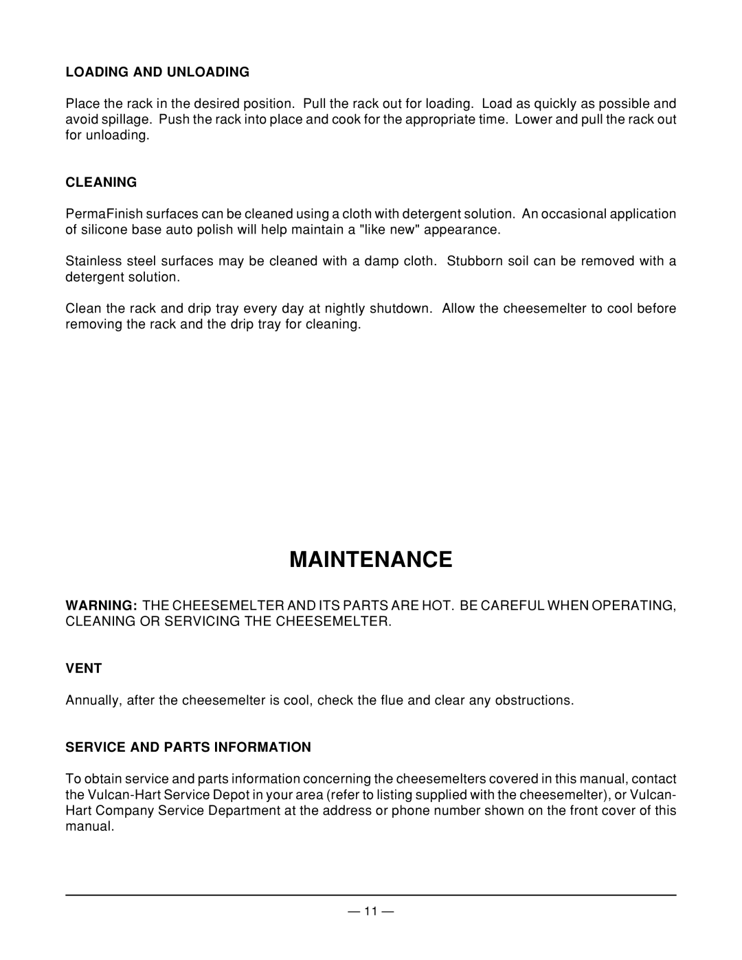 Vulcan-Hart CMR34 operation manual Maintenance, Loading and Unloading, Cleaning, Vent, Service and Parts Information 