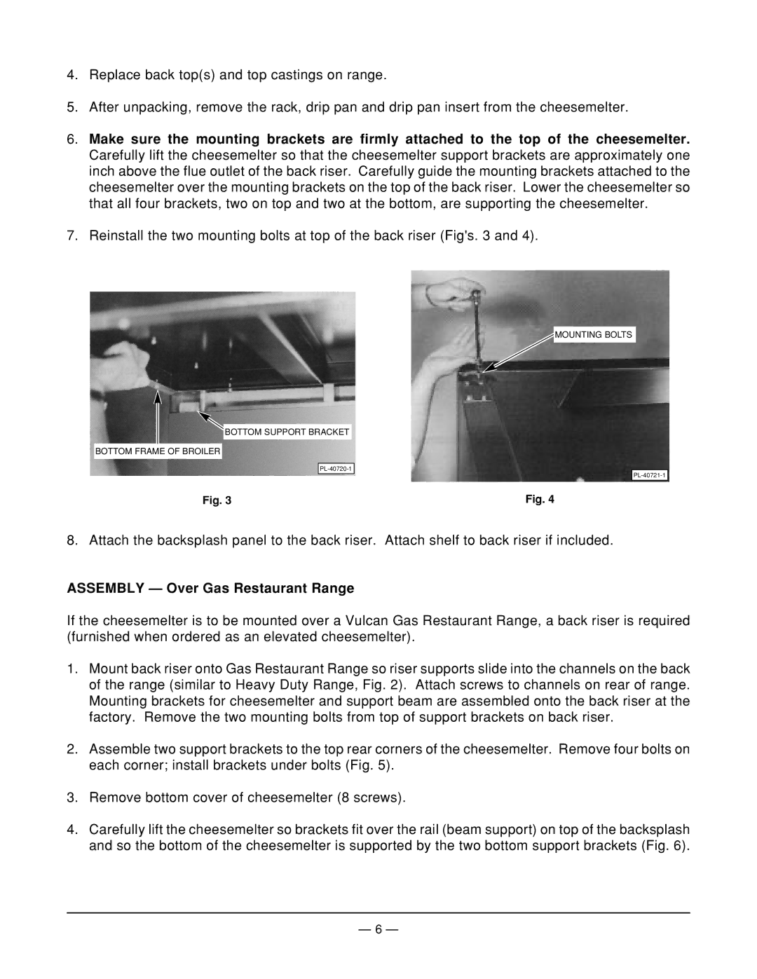 Vulcan-Hart CMR34 operation manual Assembly Over Gas Restaurant Range 