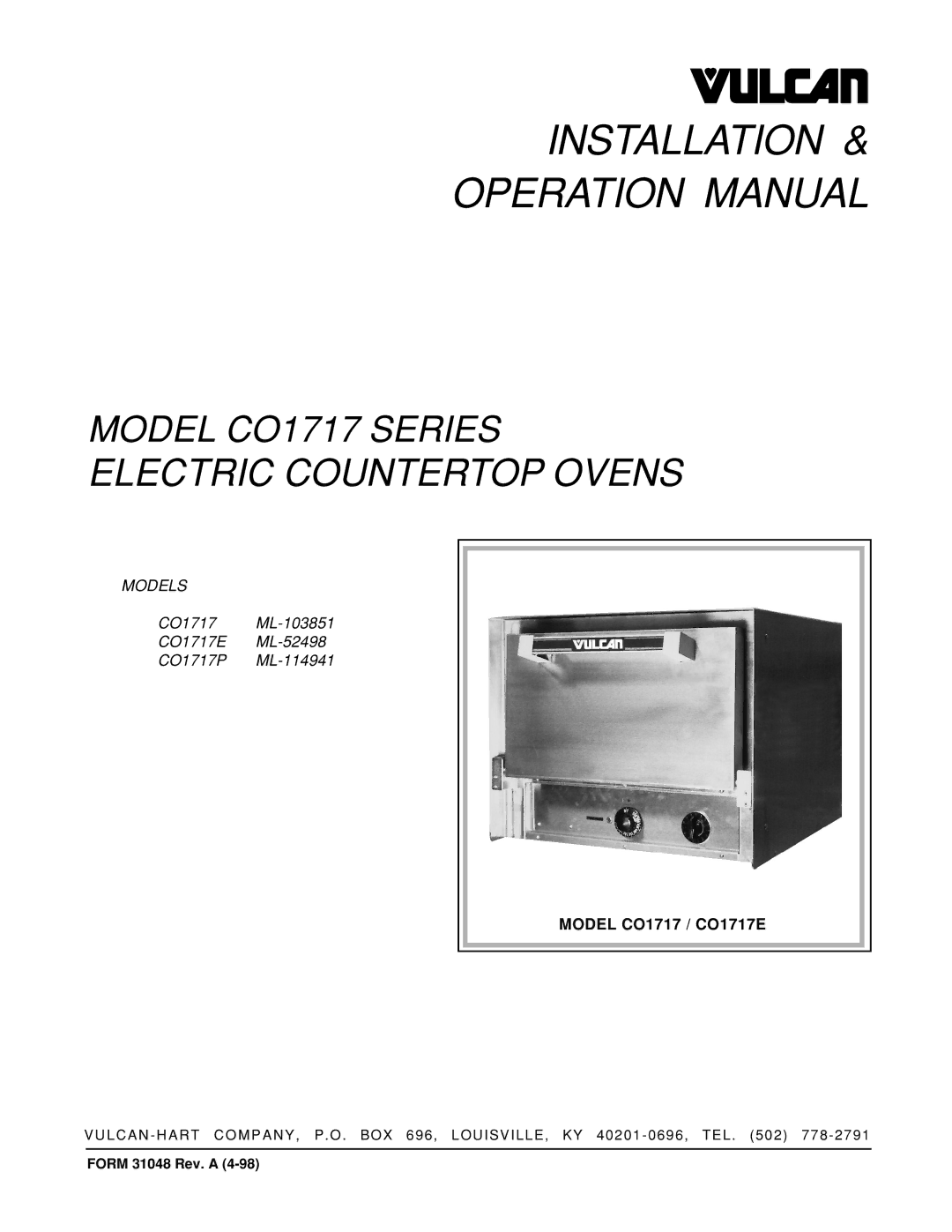 Vulcan-Hart CO1717P operation manual Installation, Model CO1717 / CO1717E 