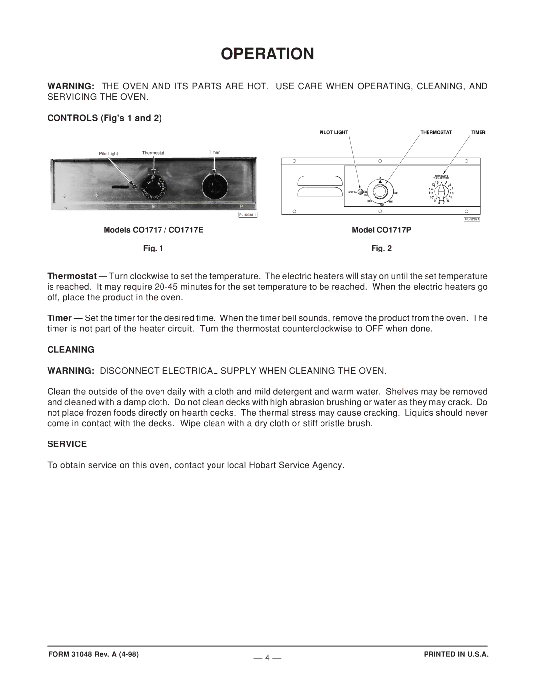 Vulcan-Hart CO1717E, CO1717P operation manual Operation, Controls Figs 1, Cleaning, Service 