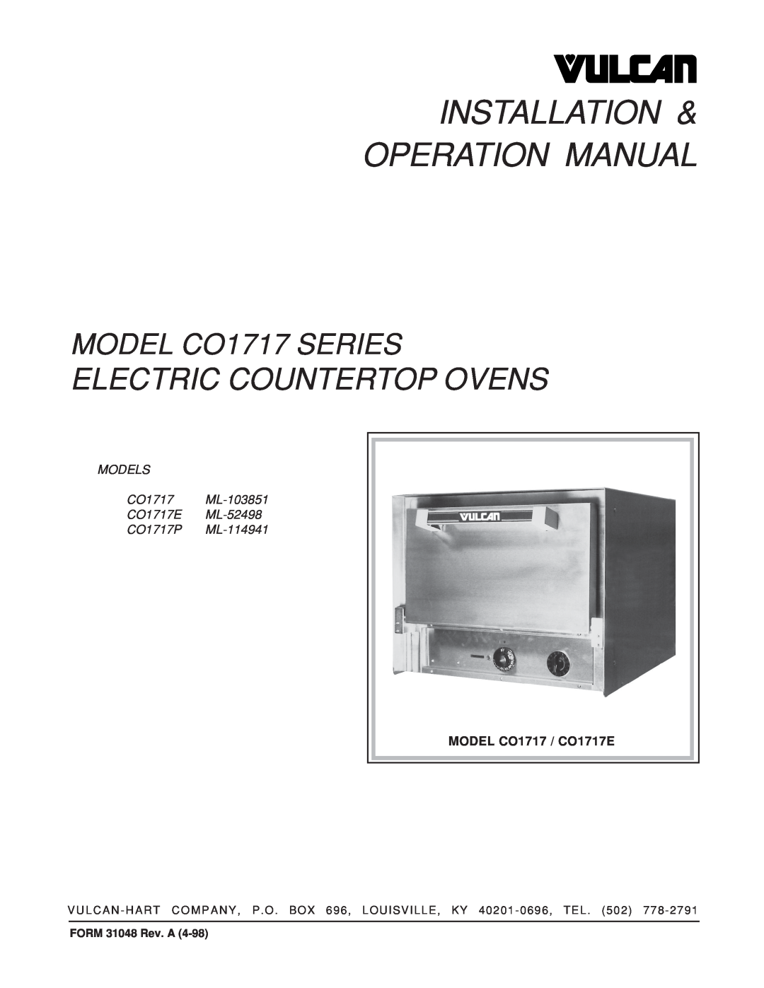 Vulcan-Hart CO1717E operation manual Electric Countertop Ovens, MODEL CO1717 SERIES, CO1717P ML-114941, FORM 31048 Rev. A 