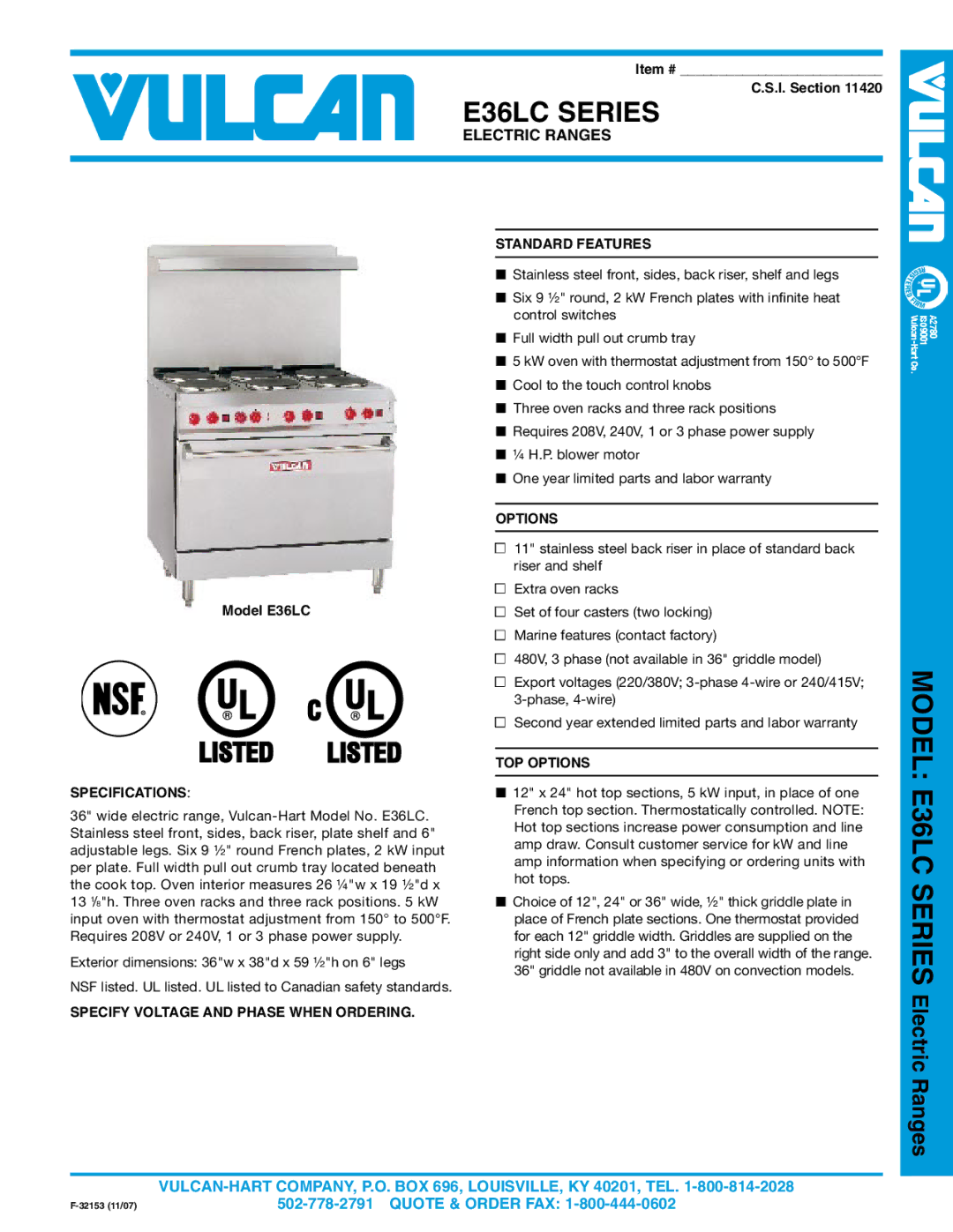 Vulcan-Hart warranty E36LC Series, Electric Ranges 