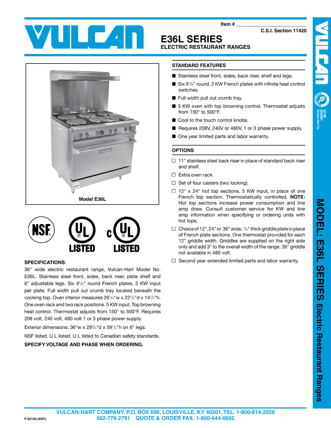 Vulcan-Hart E36SL Series warranty E36L Series, Electric Restaurant Ranges, Specifications, Options 