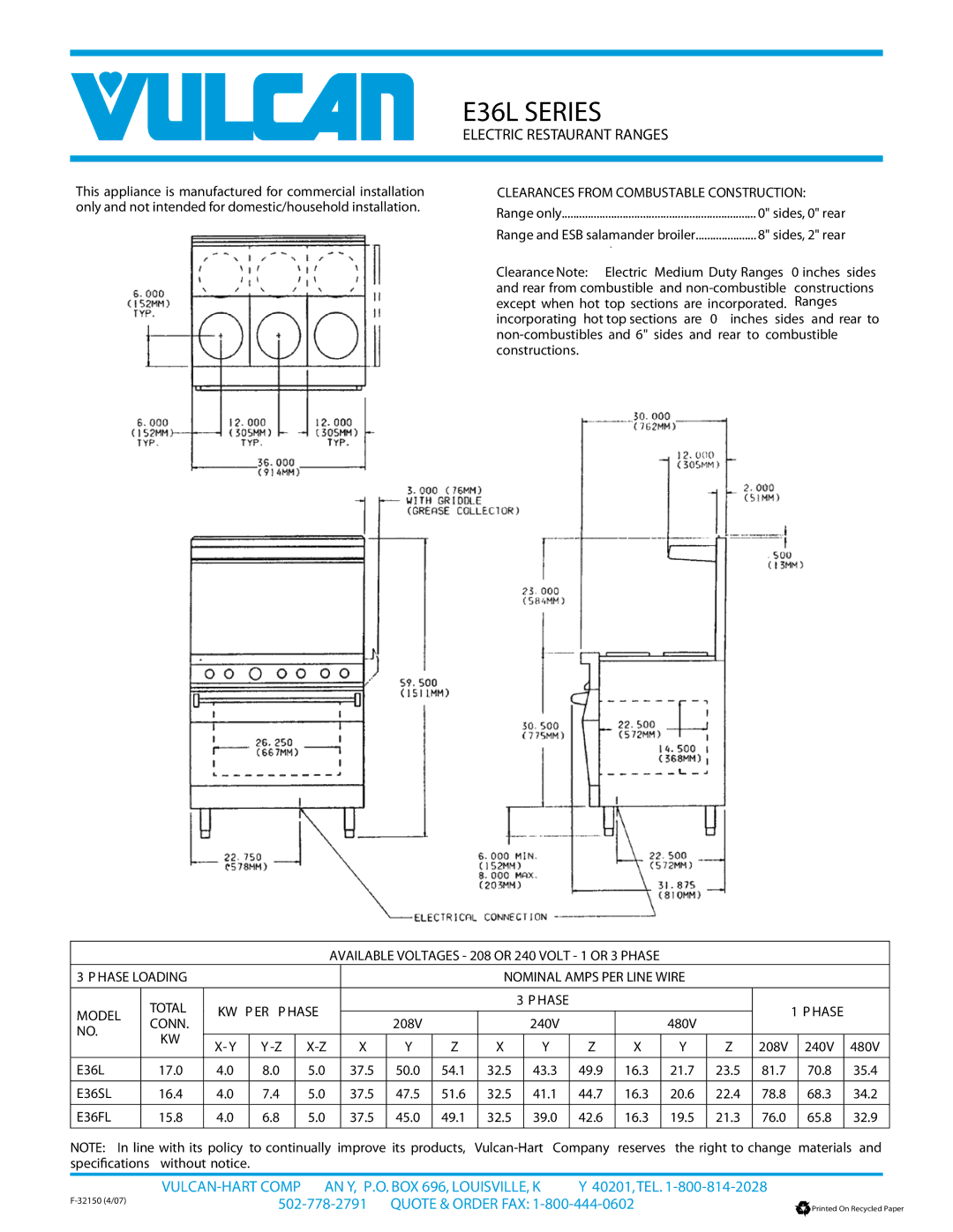 Vulcan-Hart E36SL Series warranty Clearances from Combustable Construction, Model Total KW P ER P Hase, E36FL 