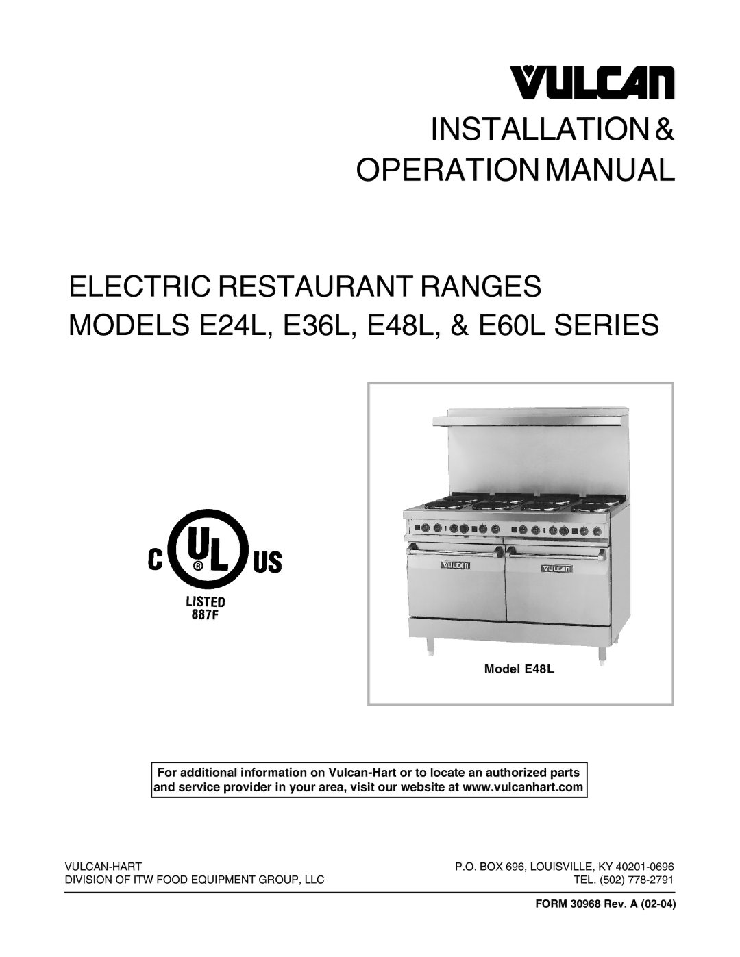 Vulcan-Hart E36L, E24L, E60L manual Installation, Model E48L 