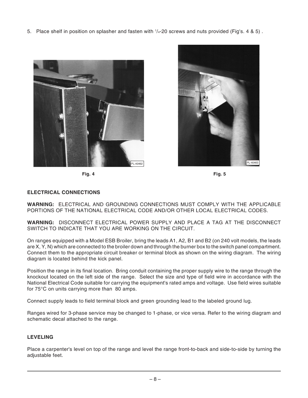 Vulcan-Hart E48L, E36L, E24L, E60L manual Electrical Connections, Leveling 