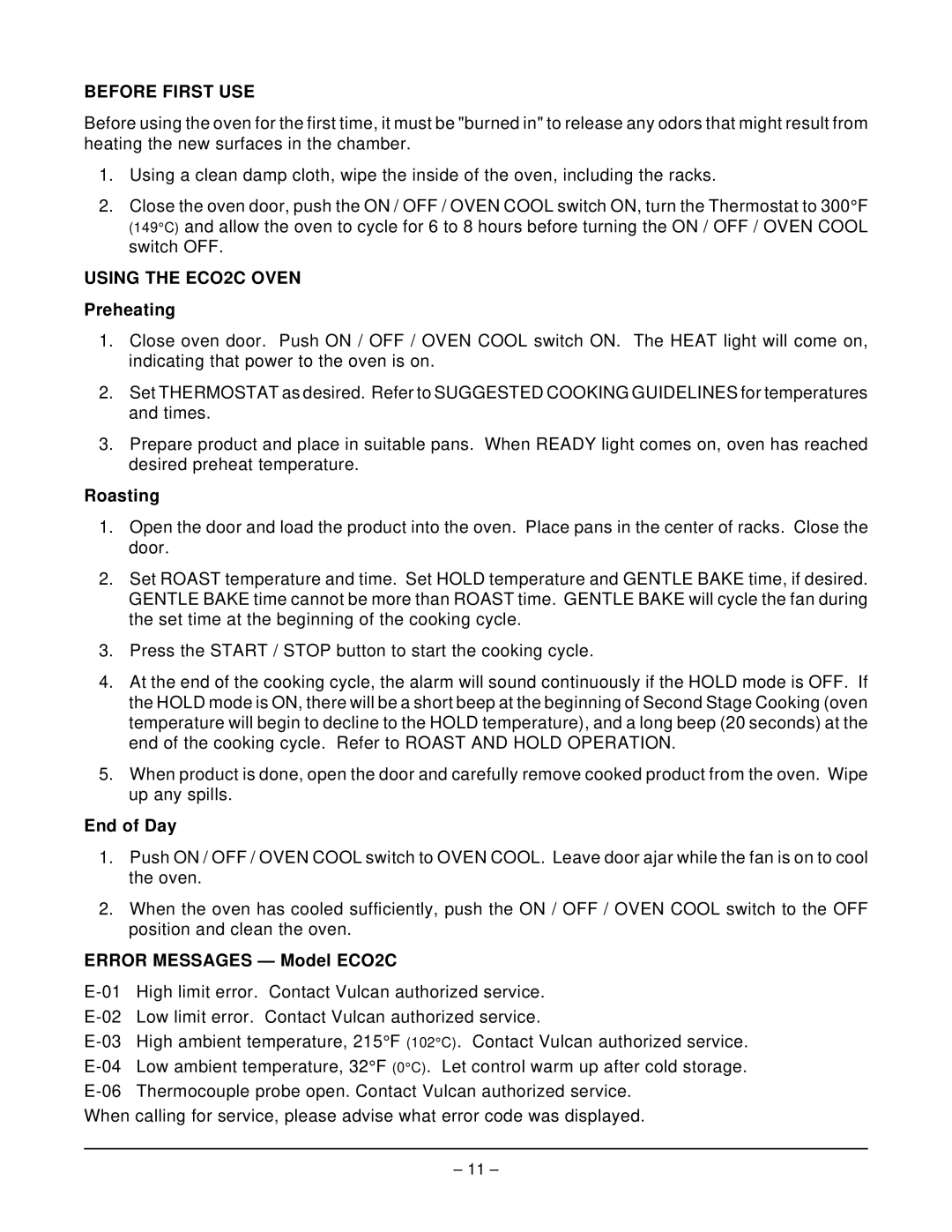 Vulcan-Hart ECO2C ML-114572, ECO2D ML-114570 operation manual Using the ECO2C Oven, Roasting, Error Messages Model ECO2C 