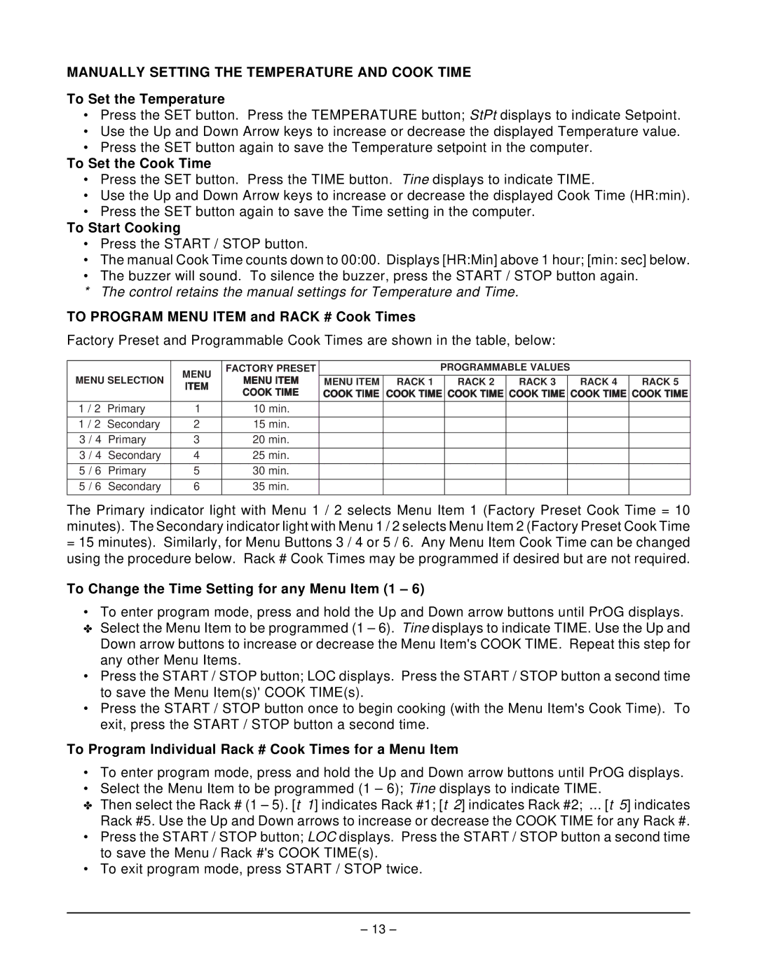 Vulcan-Hart ECO2C ML-114572, ECO2D ML-114570 operation manual Manually Setting the Temperature and Cook Time 