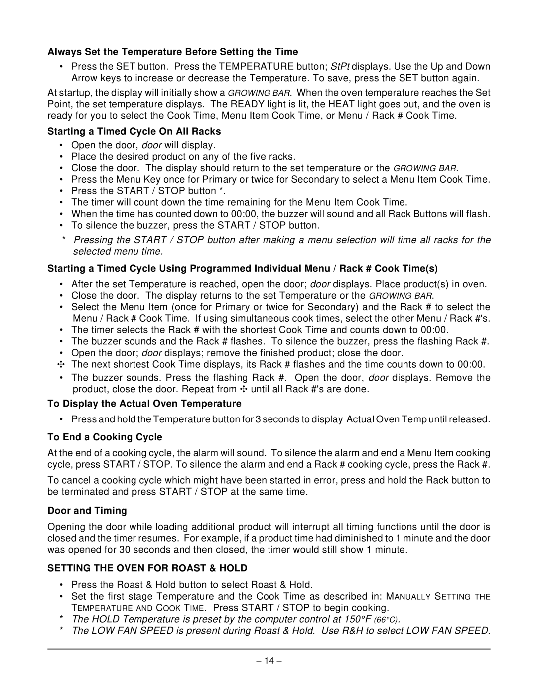 Vulcan-Hart ECO2D ML-114570, ECO2C ML-114572 operation manual Setting the Oven for Roast & Hold 