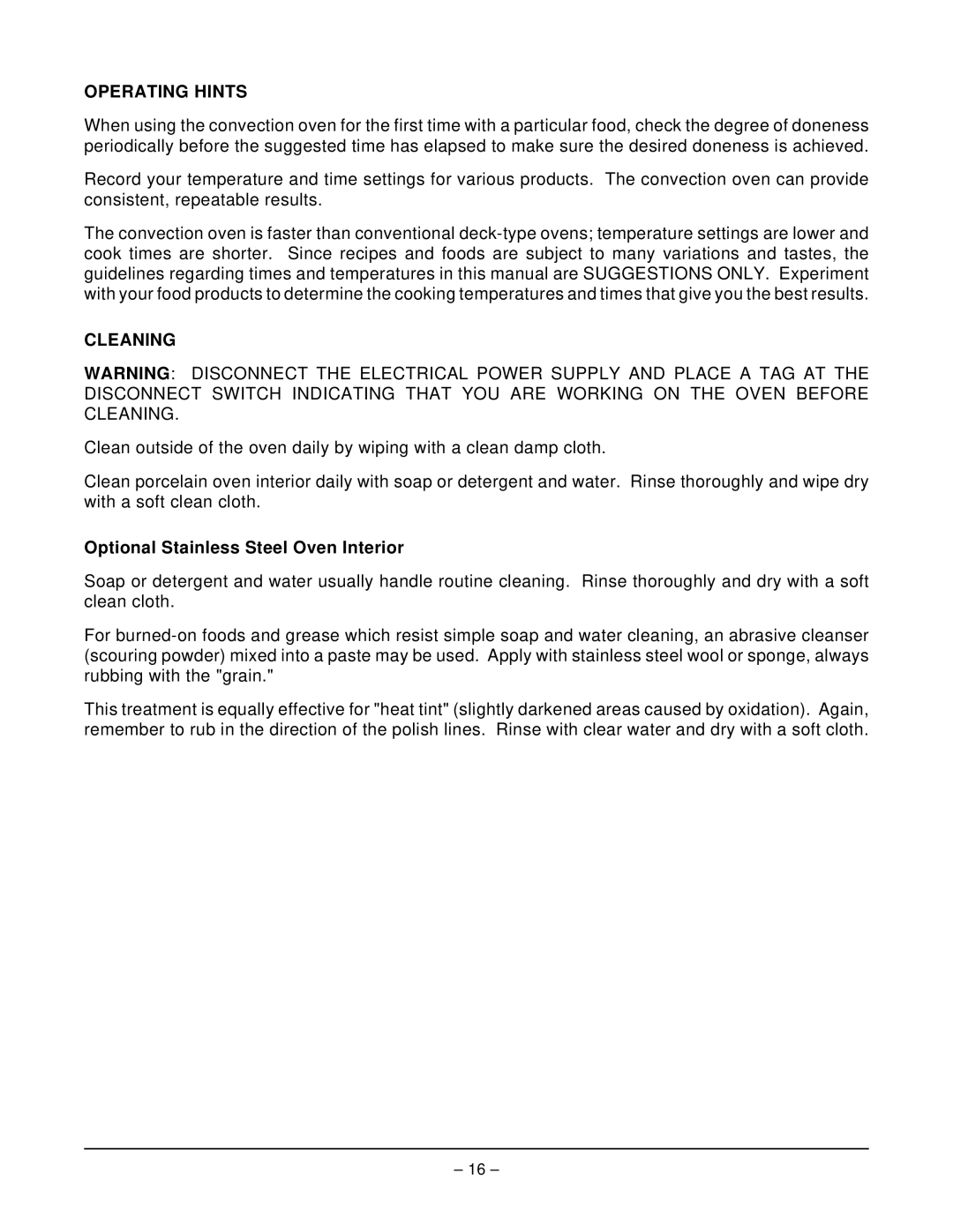 Vulcan-Hart ECO2D ML-114570, ECO2C ML-114572 Operating Hints, Cleaning, Optional Stainless Steel Oven Interior 