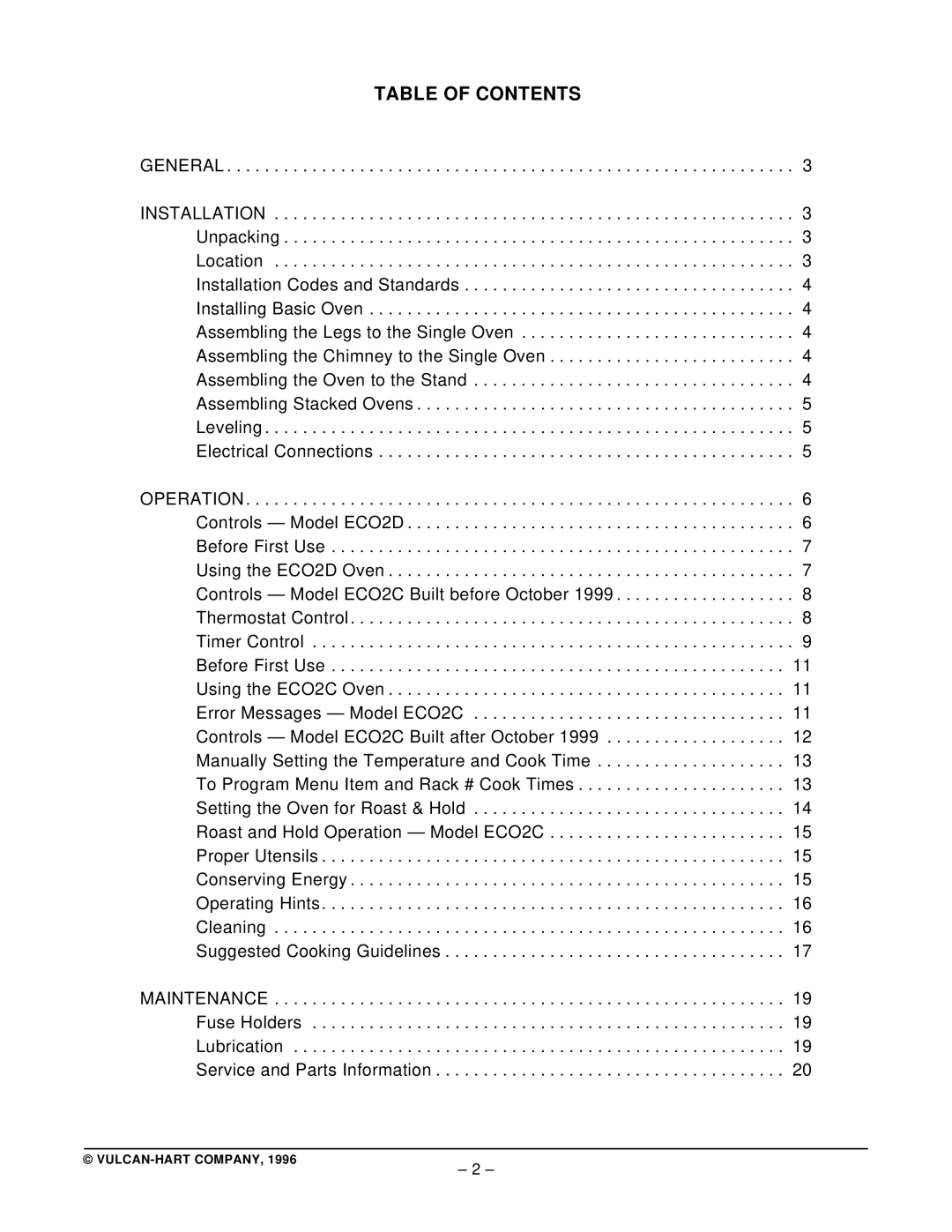 Vulcan-Hart ECO2D ML-114570, ECO2C ML-114572 operation manual Table of Contents 