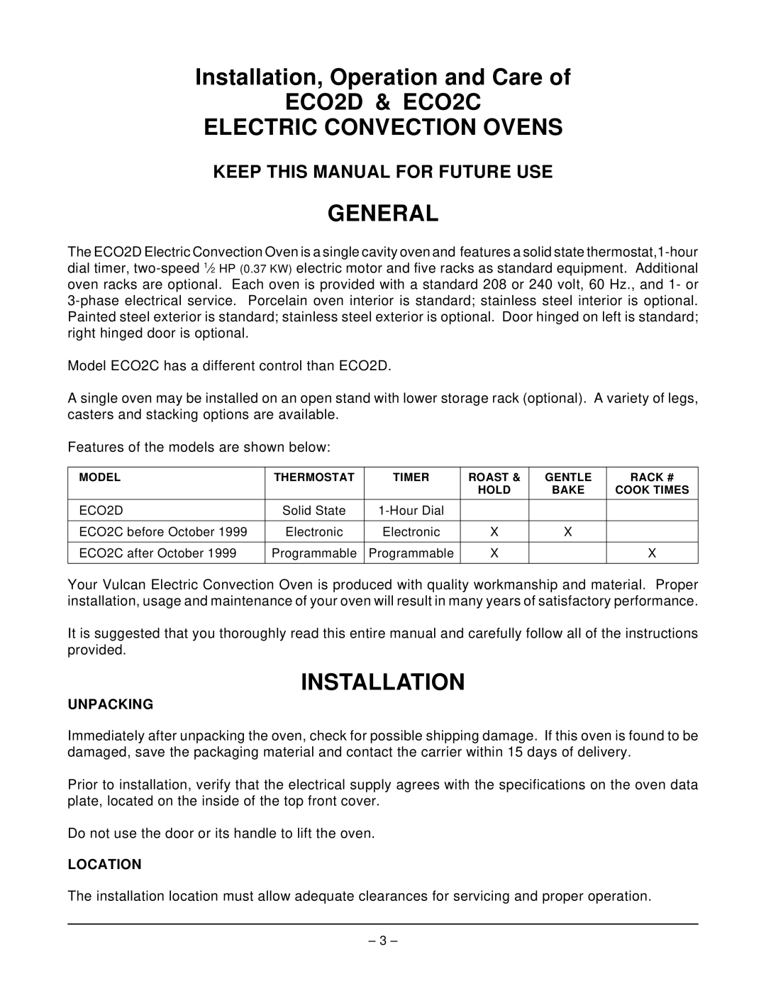 Vulcan-Hart ECO2C ML-114572, ECO2D ML-114570 operation manual Unpacking, Location 