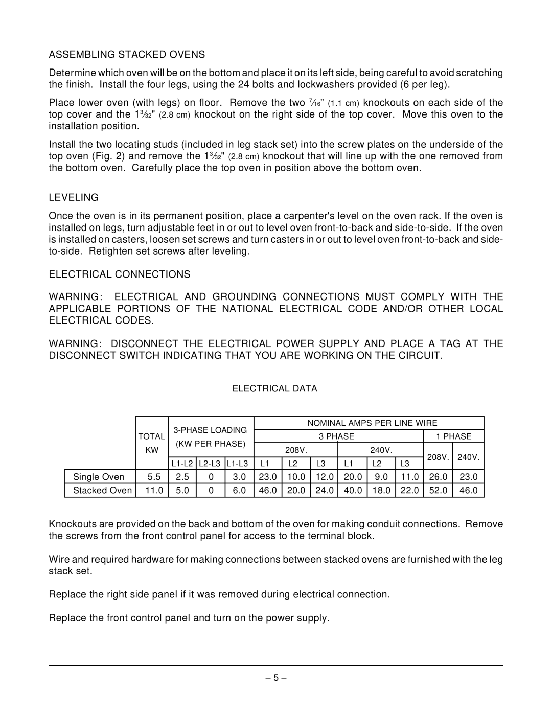 Vulcan-Hart ECO2C ML-114572, ECO2D ML-114570 operation manual Assembling Stacked Ovens, Leveling, Electrical Connections 