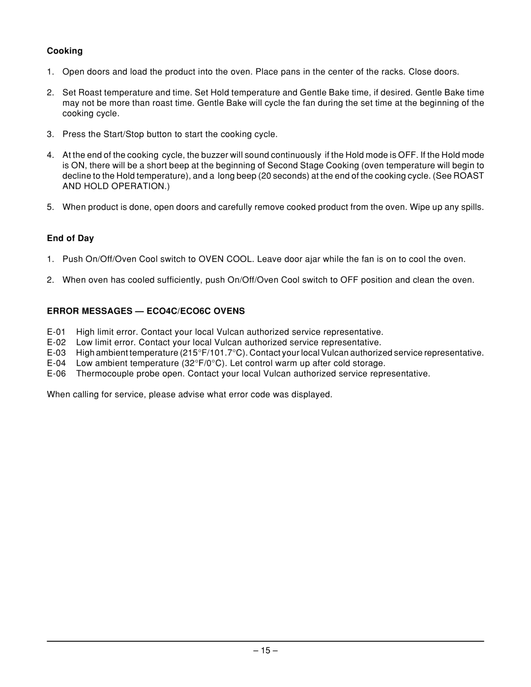 Vulcan-Hart ECO4C ML-52503, ECO4S ML-52501, ECO6D ML-52504, ECO6C ML-52505 Cooking, Error Messages ECO4C/ECO6C Ovens 