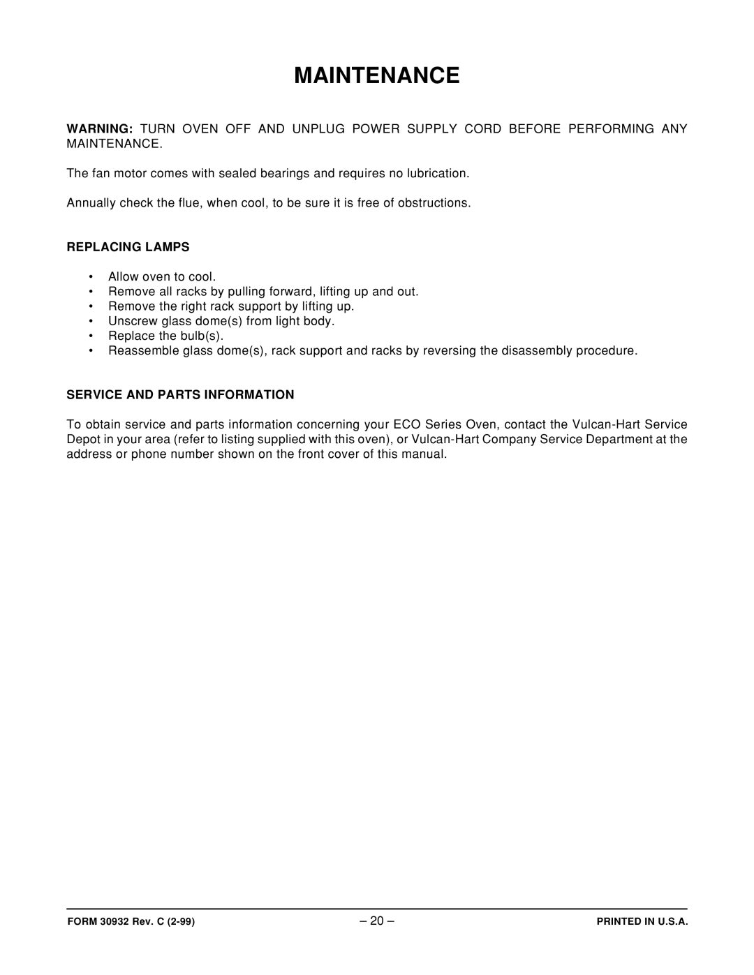 Vulcan-Hart ECO4C ML-52503, ECO4S ML-52501, ECO6D ML-52504 Maintenance, Replacing Lamps, Service and Parts Information 