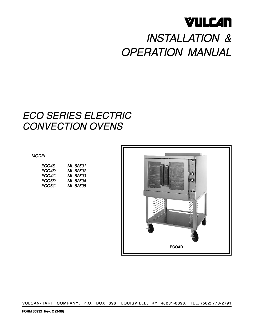 Vulcan-Hart ECO4C ML-52503 operation manual Eco Series Electric Convection Ovens, MODEL ECO4S ML-52501 ECO4D ML-52502 