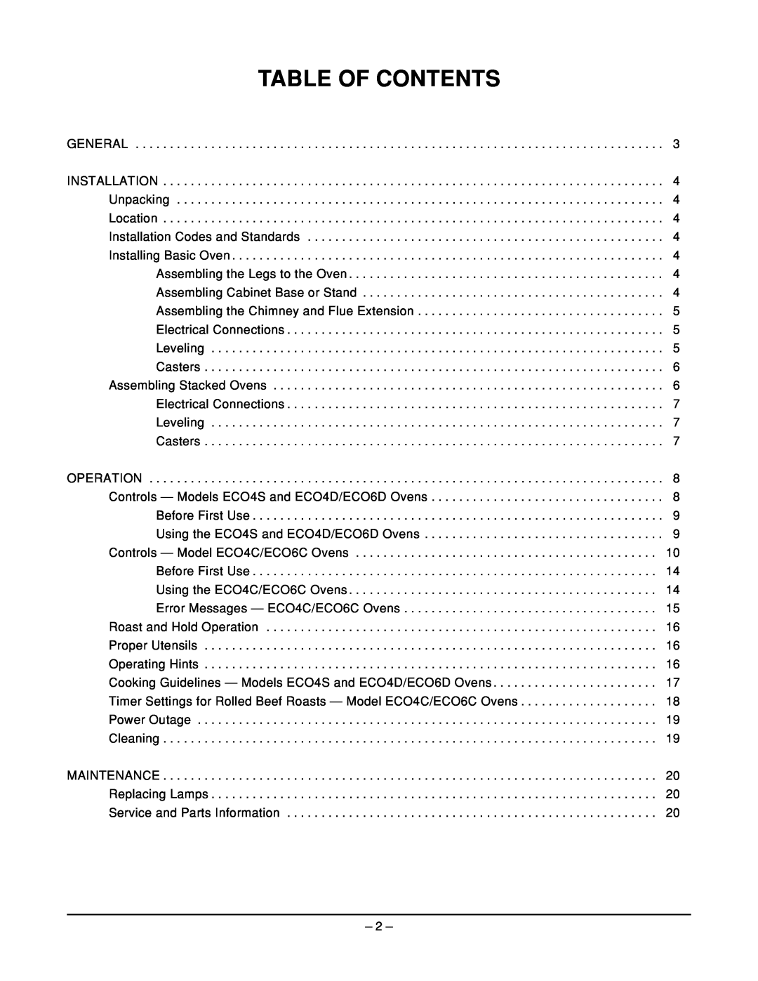 Vulcan-Hart ECO6D ML-52504, ECO4C ML-52503, ECO4S ML-52501, ECO6C ML-52505, ECO4D ML-52502 operation manual Table Of Contents 