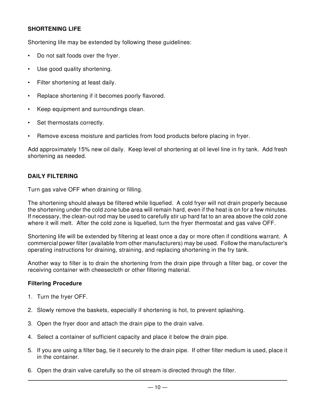 Vulcan-Hart EF4 ML-114943, EF5 ML-114944, EF3 ML-52099 operation manual Shortening Life, Daily Filtering, Filtering Procedure 