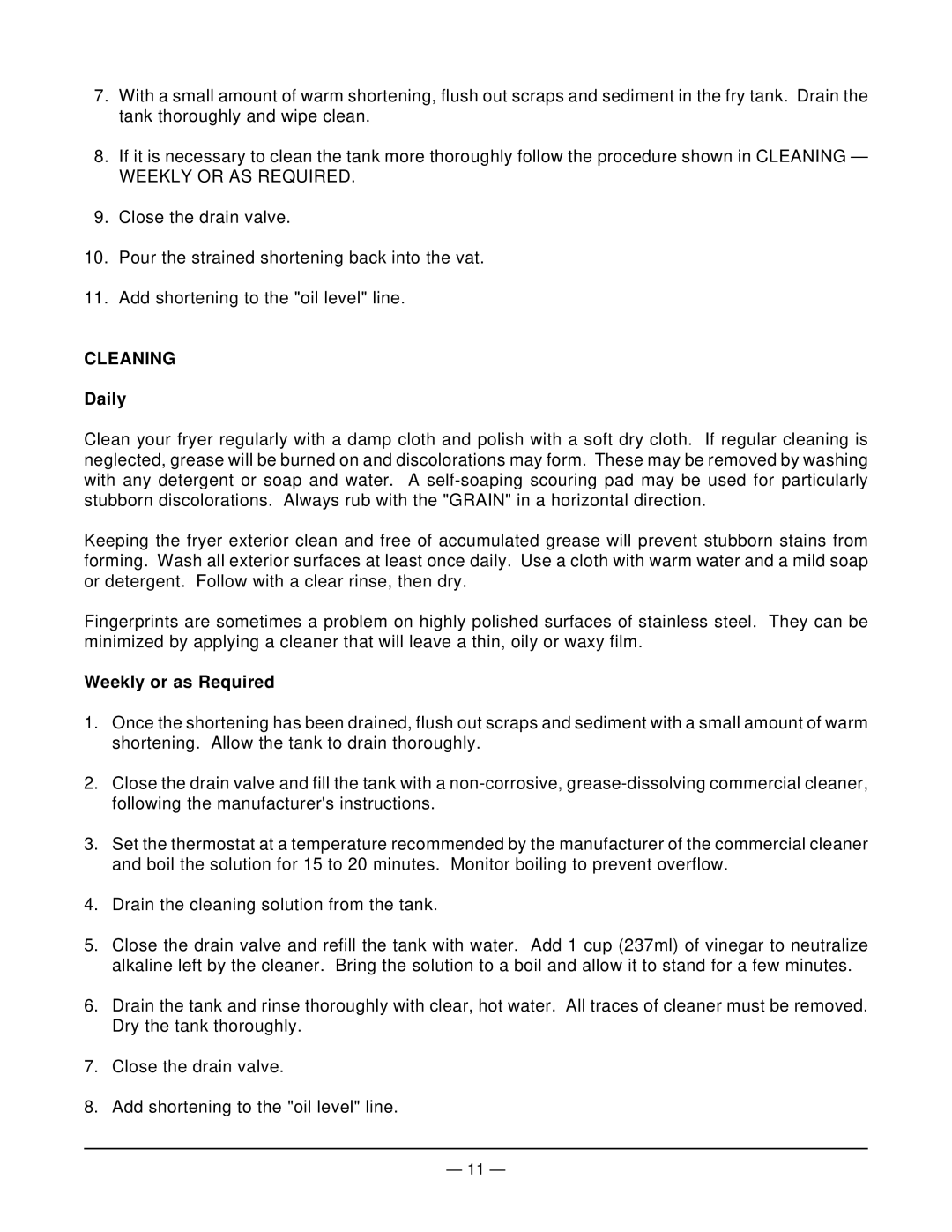 Vulcan-Hart EF3 ML-52099, EF5 ML-114944, EF4 ML-114943 operation manual Cleaning, Daily, Weekly or as Required 