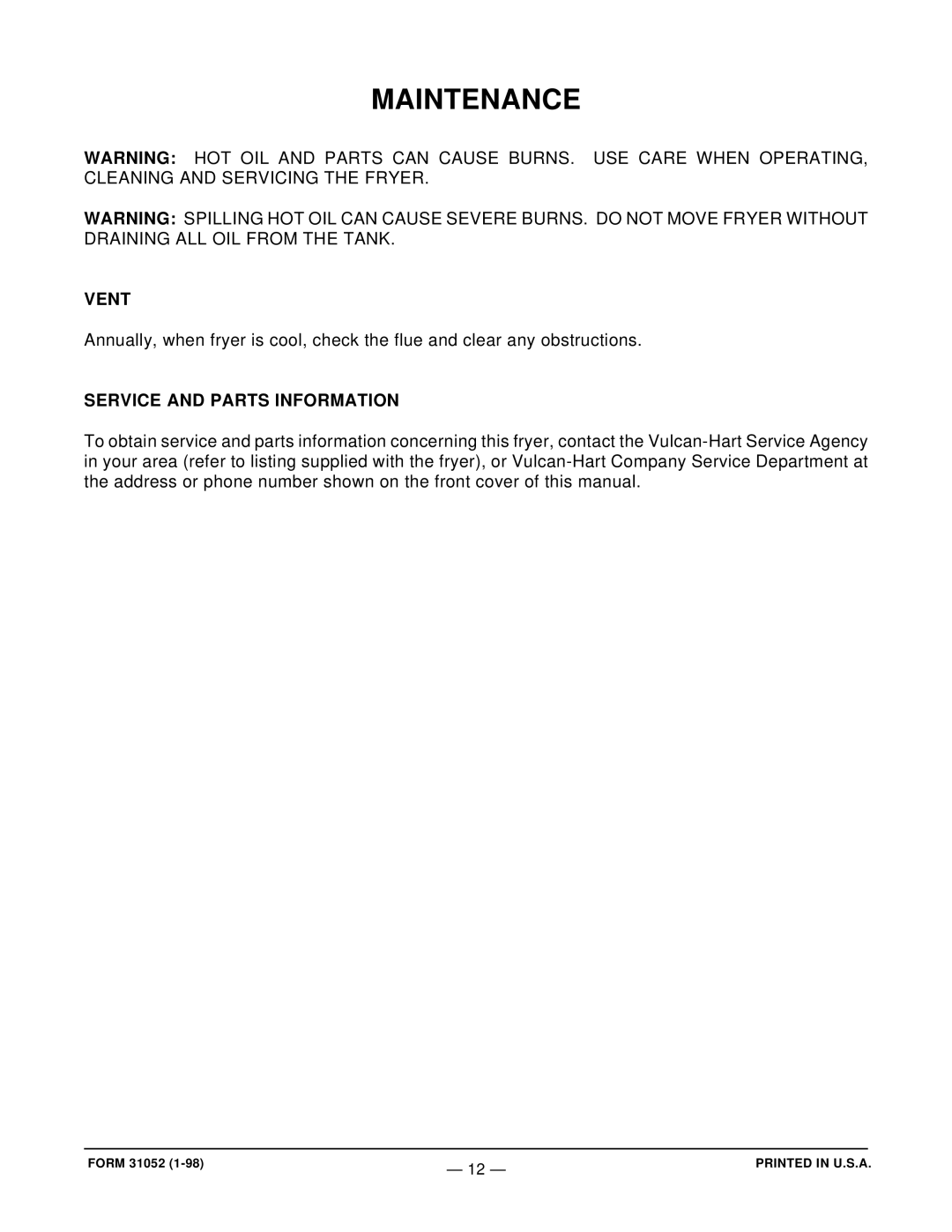 Vulcan-Hart EF5 ML-114944, EF4 ML-114943, EF3 ML-52099 operation manual Maintenance, Vent, Service and Parts Information 