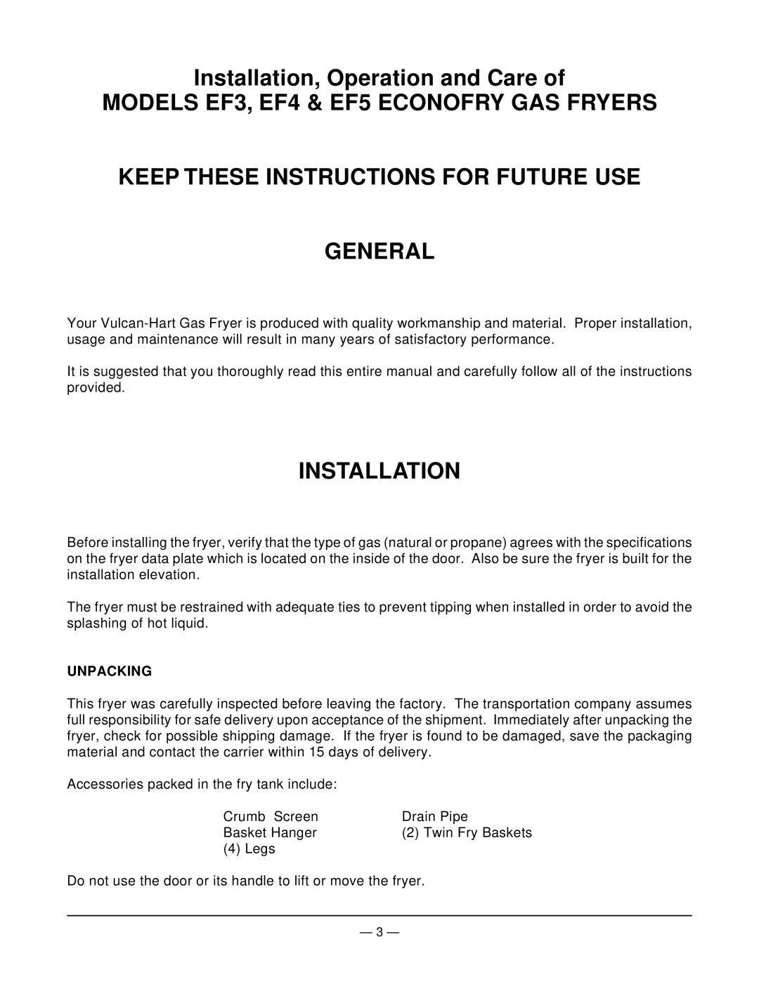 Vulcan-Hart EF5 ML-114944, EF4 ML-114943, EF3 ML-52099 operation manual Installation, Unpacking 