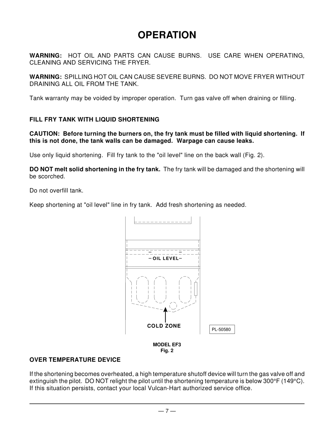 Vulcan-Hart EF4 ML-114943, EF5 ML-114944 Operation, Fill FRY Tank with Liquid Shortening, Over Temperature Device 