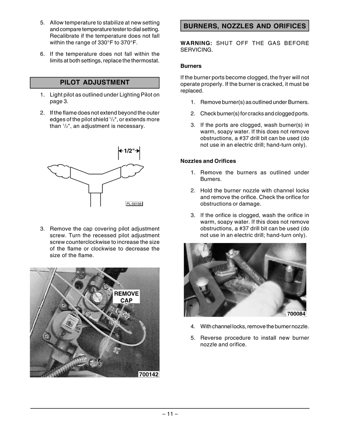 Vulcan-Hart EF3 ML-52099, EF5 ML-114944, EF4 ML-114943 Pilot Adjustment, BURNERS, Nozzles and Orifices, Burners 