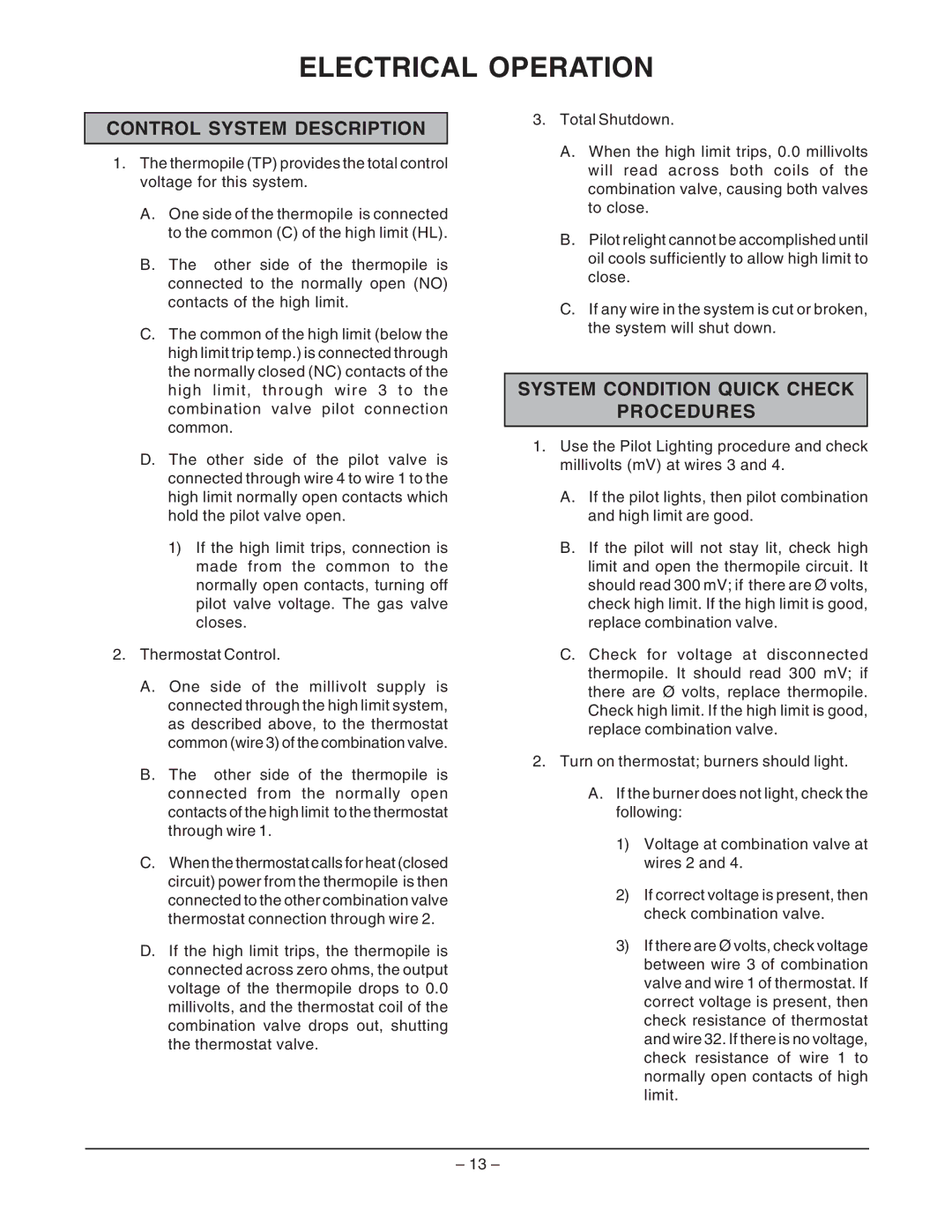 Vulcan-Hart EF4 ML-114943 Electrical Operation, Control System Description, System Condition Quick Check Procedures 