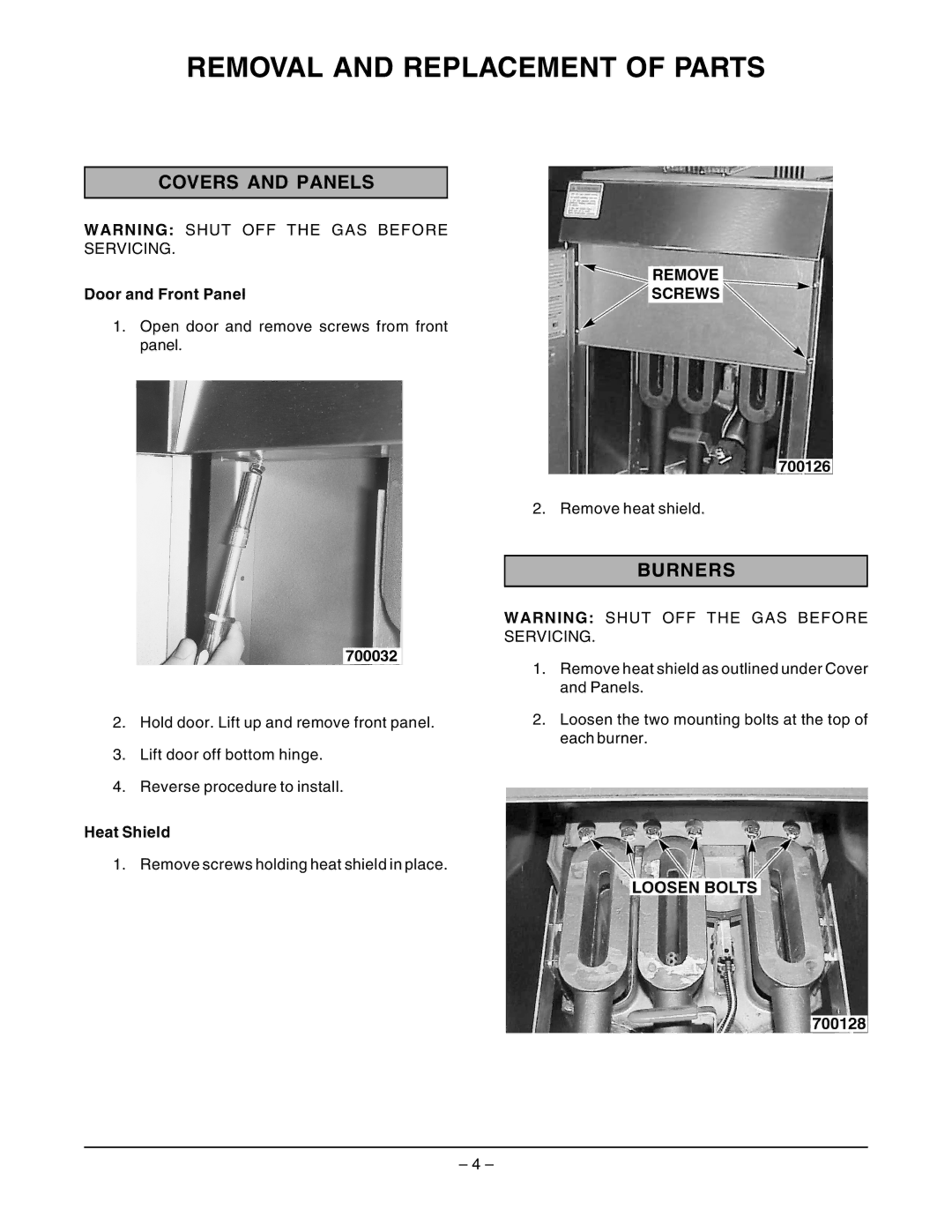 Vulcan-Hart EF4 ML-114943 Removal and Replacement of Parts, Covers and Panels, Burners, Door and Front Panel, Heat Shield 