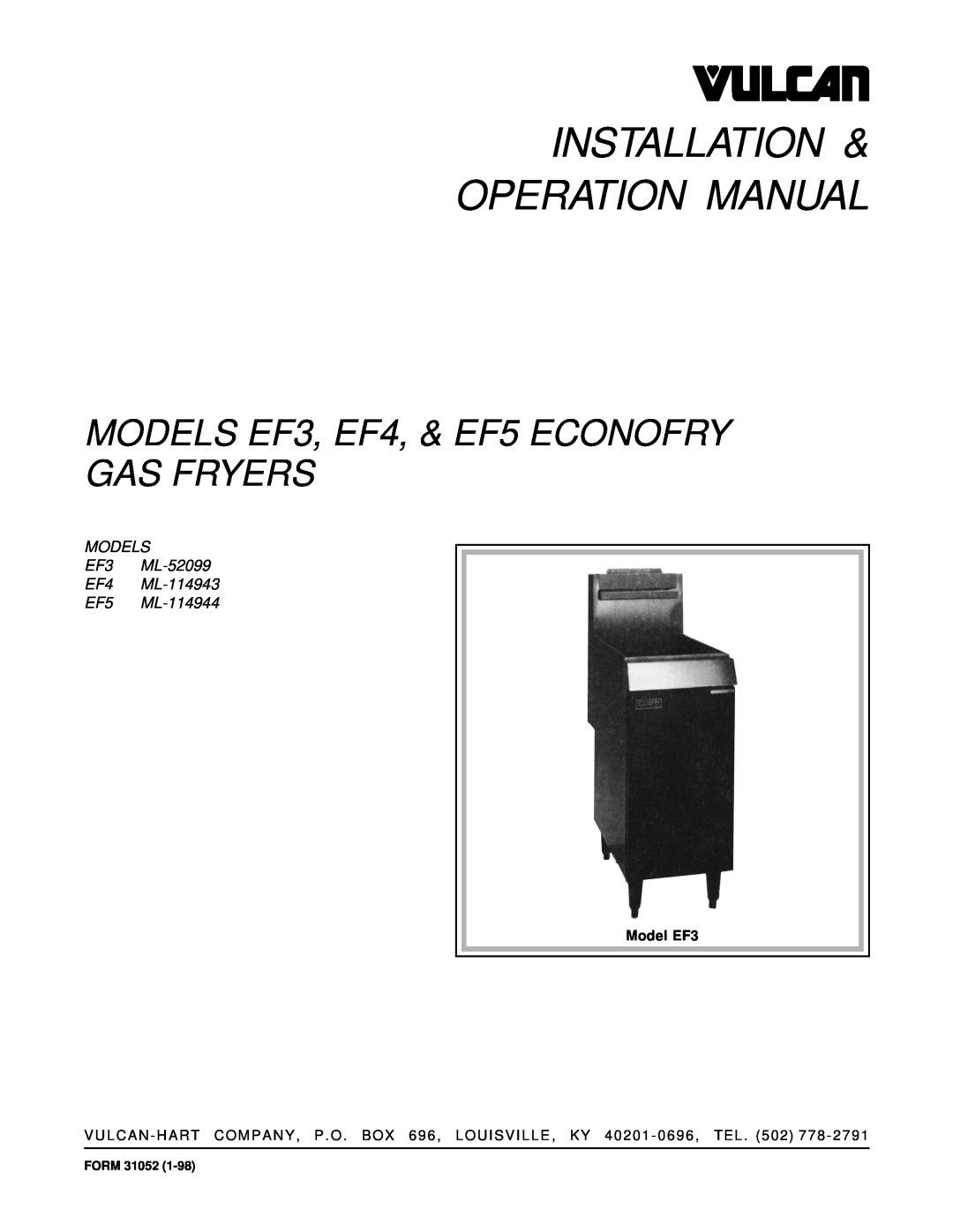 Vulcan-Hart EF4 ML-114943, EF5 ML-114944 service manual Service Manual, Ef Series Standard And Filter-Ready Gas Fryers 