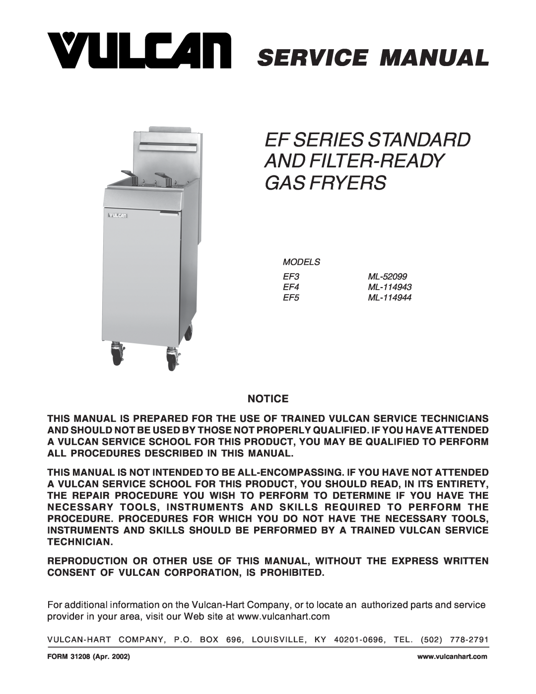 Vulcan-Hart EF4 ML-114943 operation manual Installation Operation Manual, MODELS EF3, EF4, & EF5 ECONOFRY GAS FRYERS, Form 