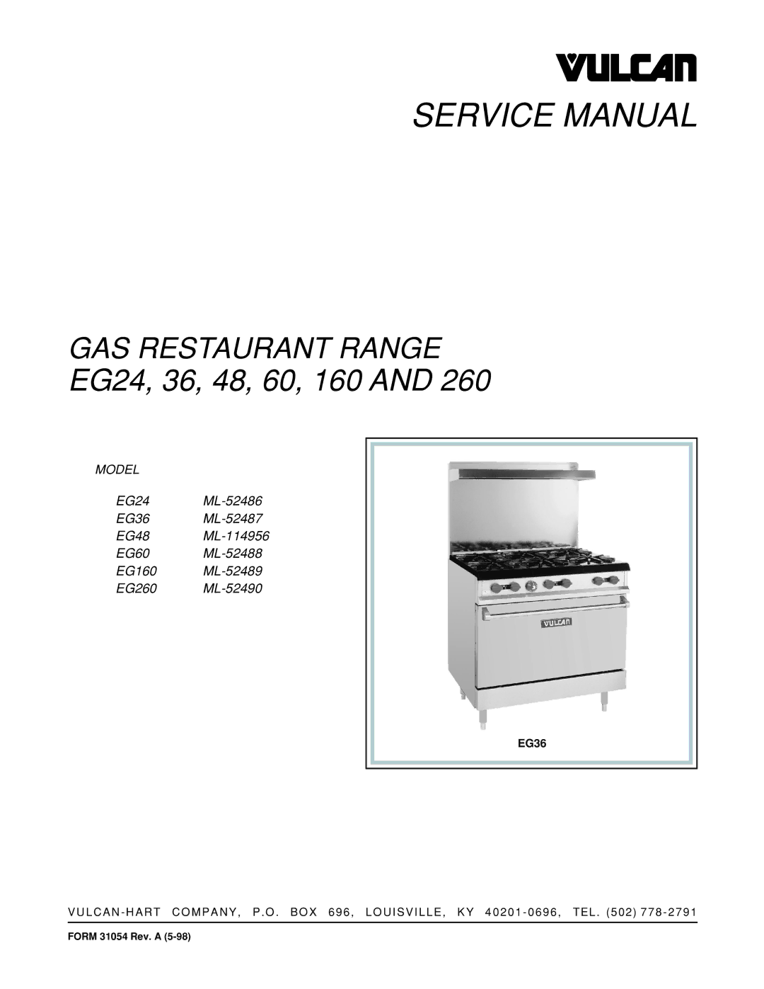 Vulcan-Hart EG260, EG160, EG60, EG36, EG48 service manual EG24, 36, 48, 60, 160 