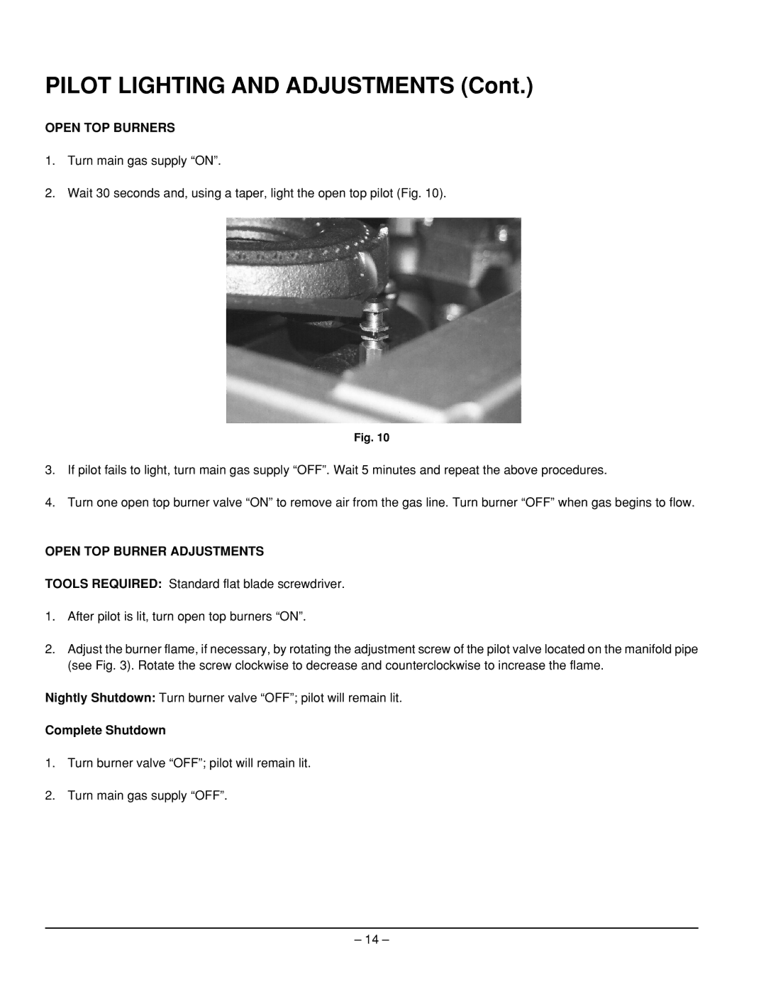 Vulcan-Hart EG36, EG160, EG260, EG60, EG48 Pilot Lighting and Adjustments, Open TOP Burners, Open TOP Burner Adjustments 