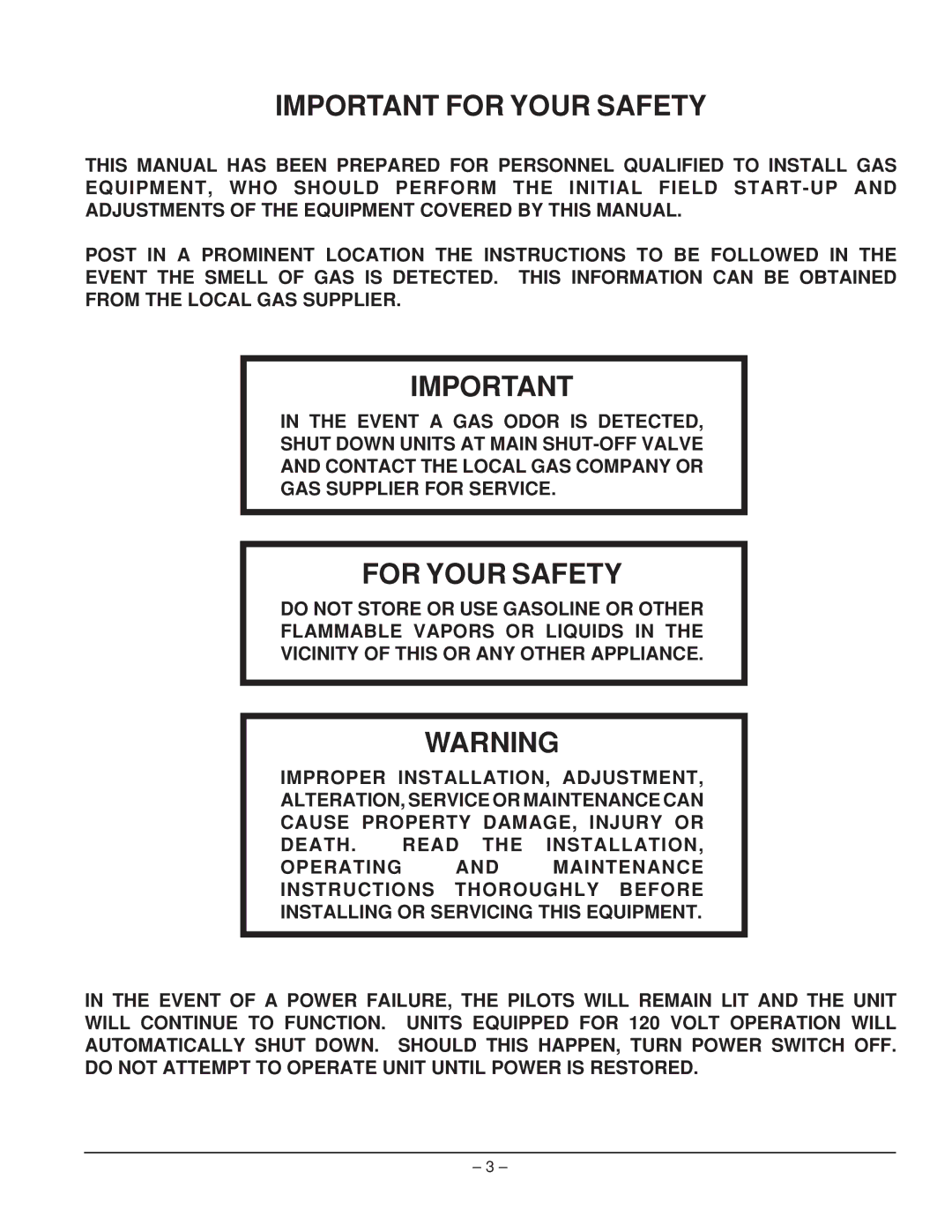 Vulcan-Hart EG60, EG160, EG260, EG36, EG48 service manual Important for Your Safety, For Your Safety 