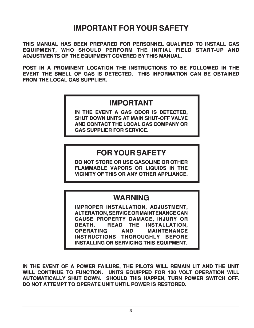 Vulcan-Hart EG60, EG160, EG260, EG36, EG48 service manual Important For Your Safety 