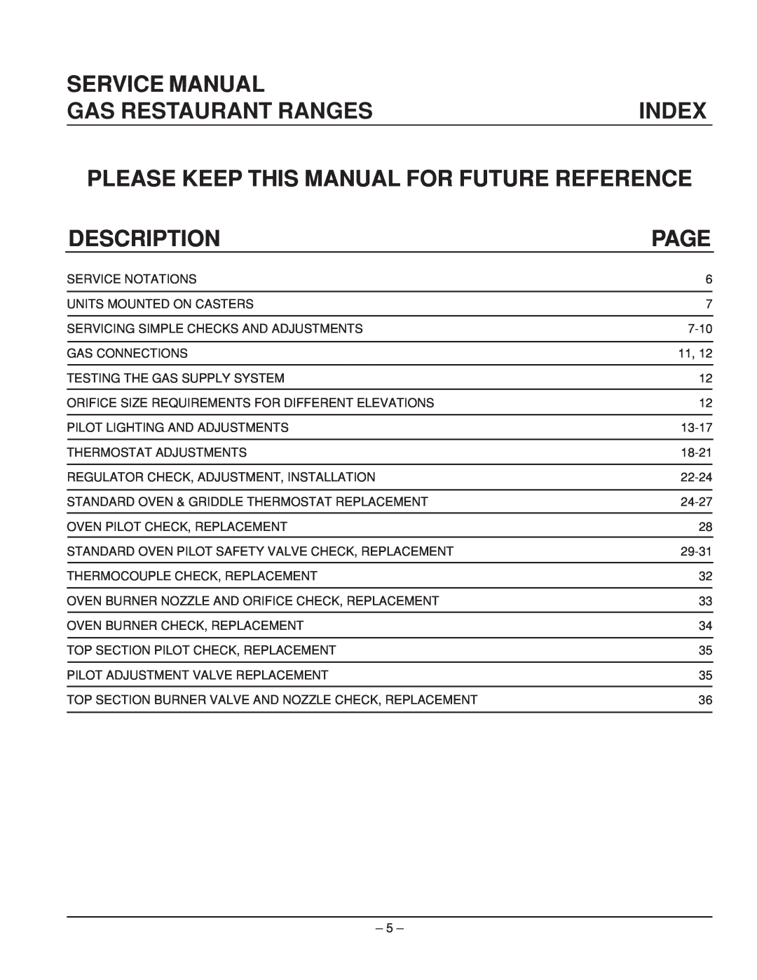 Vulcan-Hart EG48, EG160, EG60 Gas Restaurant Ranges, Index, Please Keep This Manual For Future Reference, Description, Page 