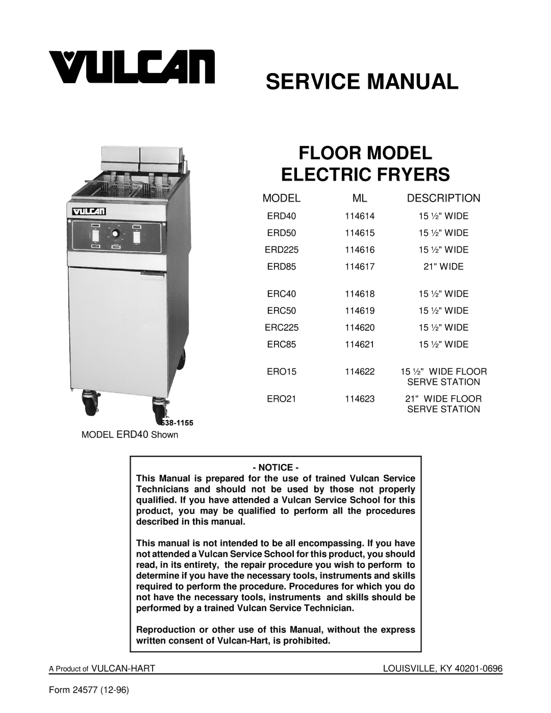 Vulcan-Hart ERD40 service manual Floor Model Electric Fryers 