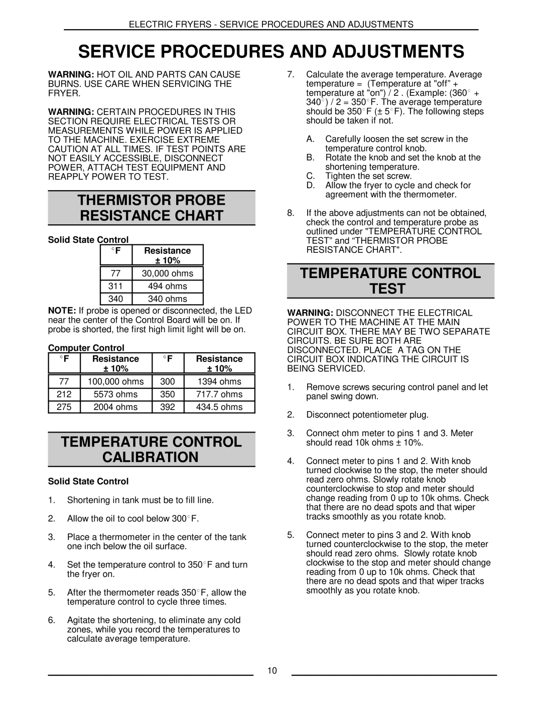 Vulcan-Hart ERD40 Thermistor Probe Resistance Chart, Temperature Control Calibration, Temperature Control Test 