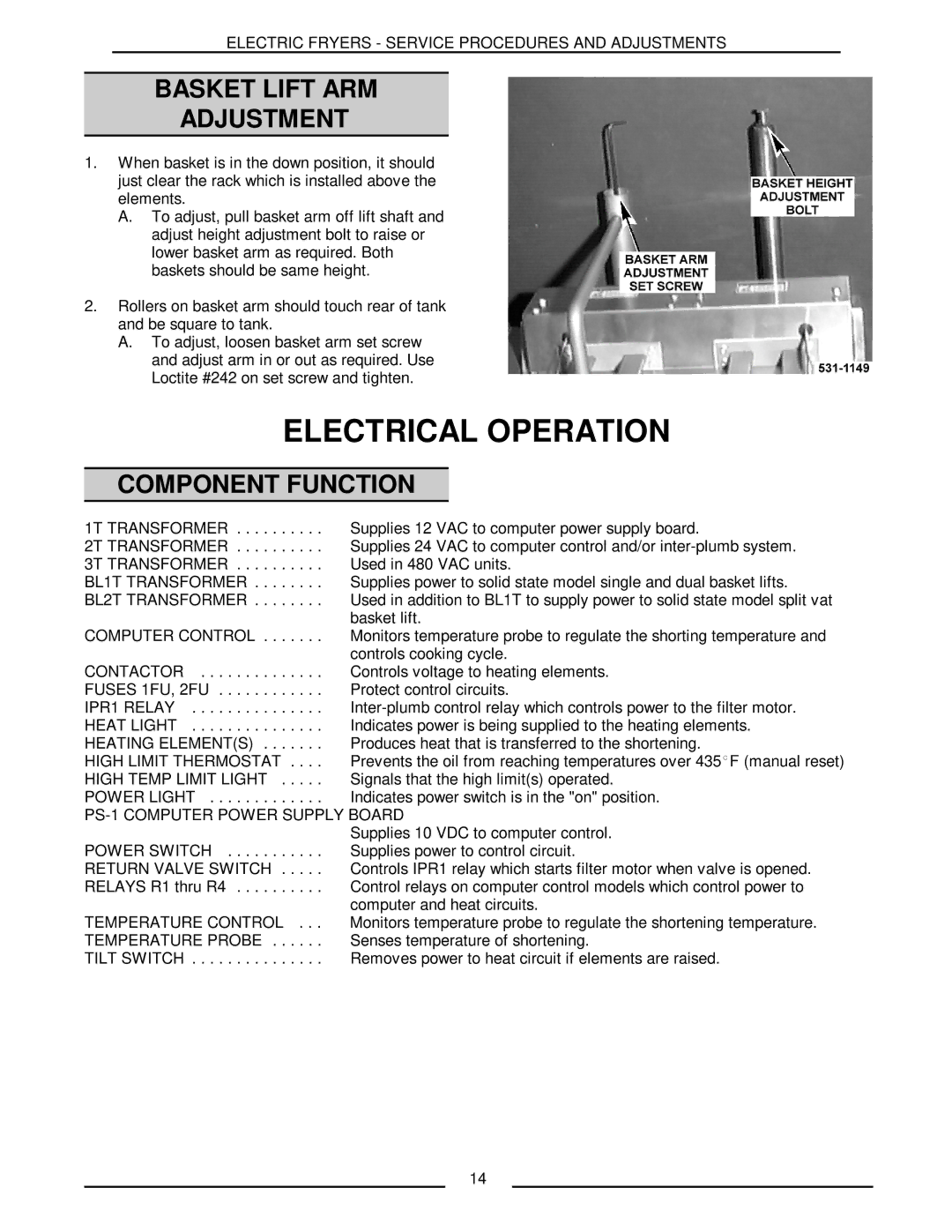 Vulcan-Hart ERD40 service manual Basket Lift ARM Adjustment, Component Function 