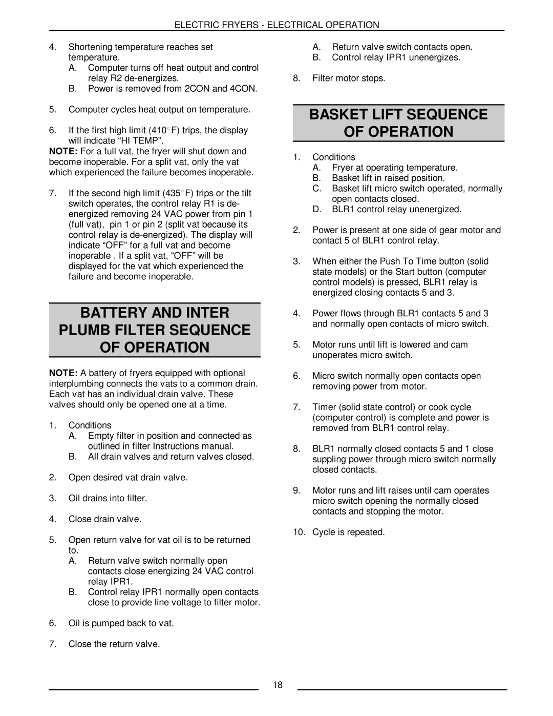 Vulcan-Hart ERD40 service manual Basket Lift Sequence Operation, Battery and Inter Plumb Filter Sequence Operation 