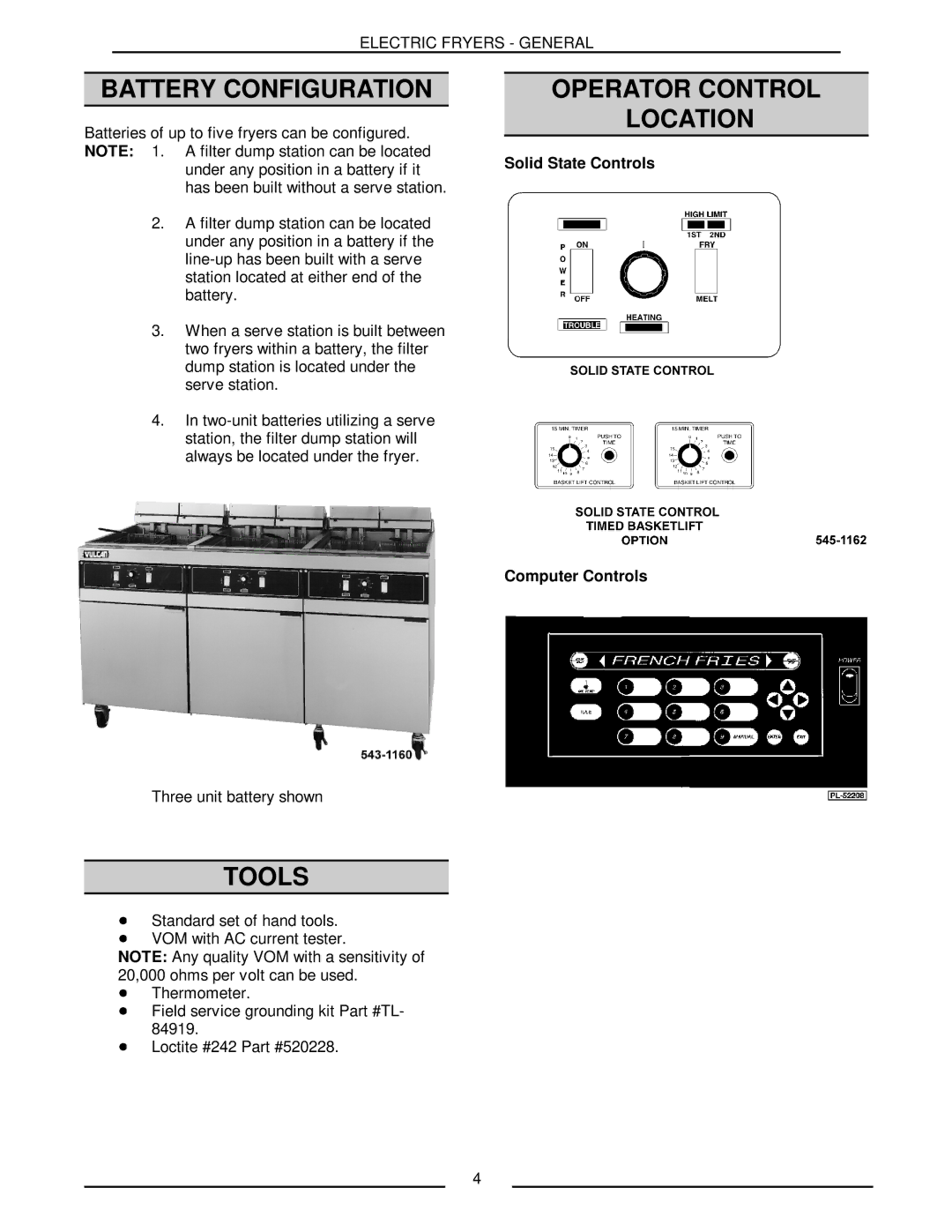 Vulcan-Hart ERD40 service manual Battery Configuration, Operator Control Location, Tools 