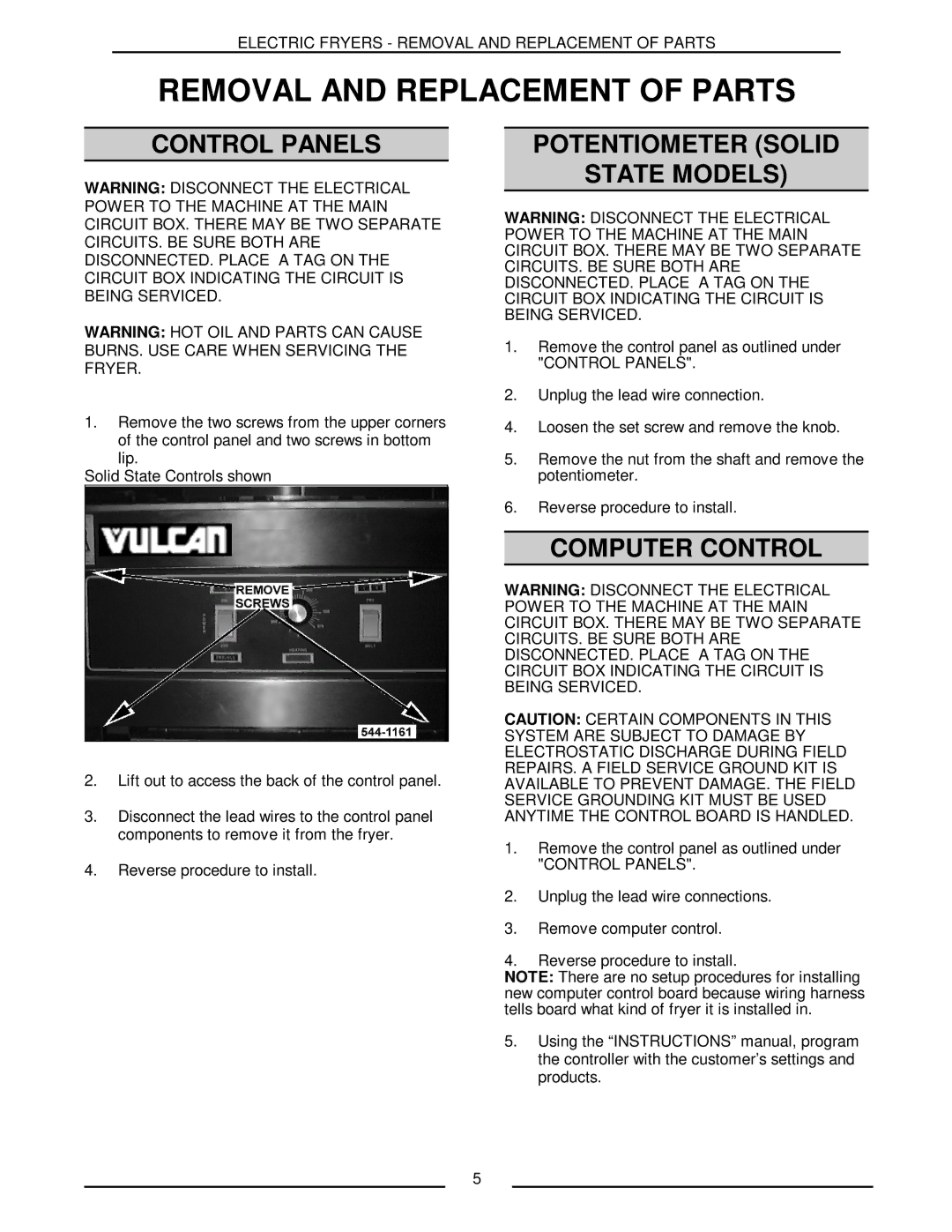 Vulcan-Hart ERD40 service manual Control Panels, Potentiometer Solid State Models, Computer Control 