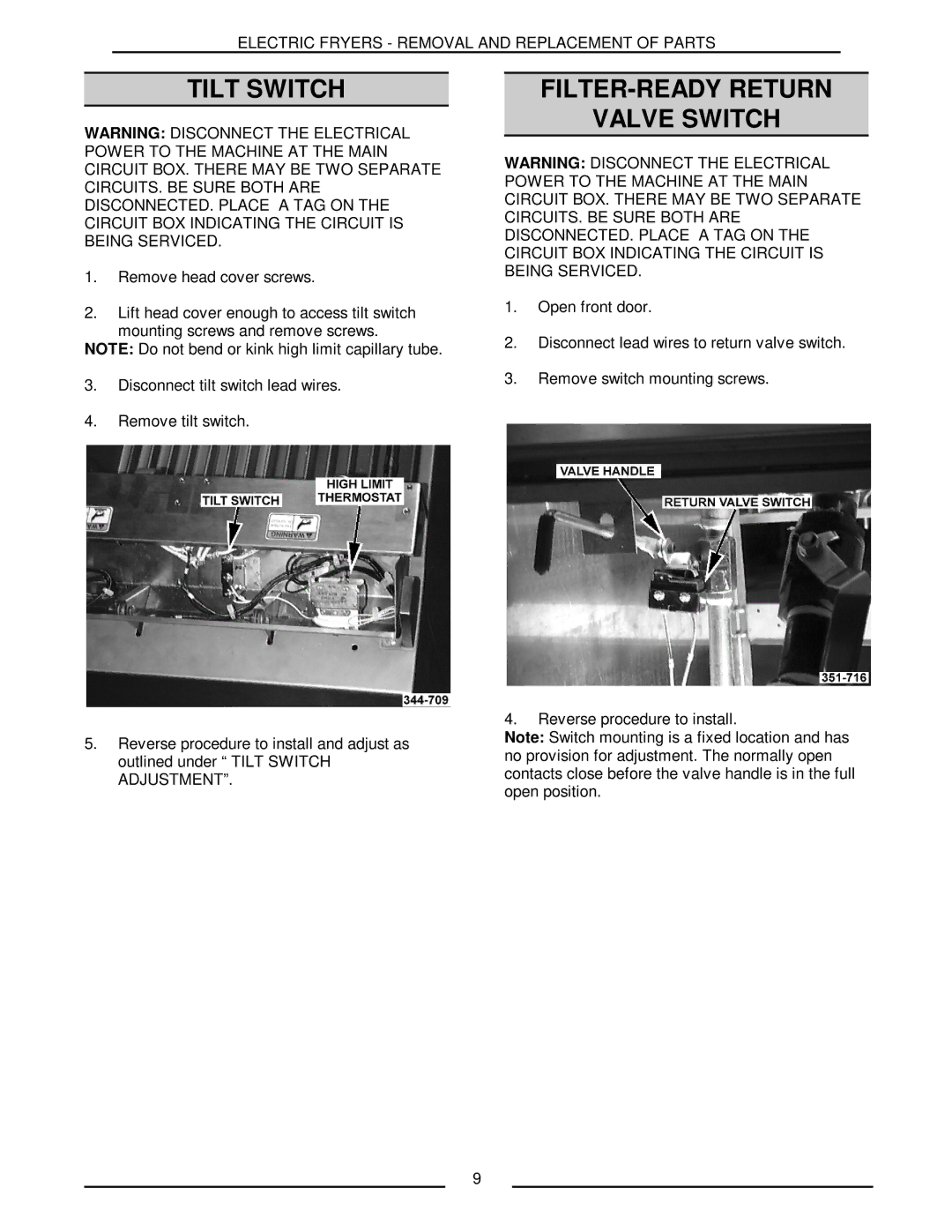 Vulcan-Hart ERD40 service manual Tilt Switch, FILTER-READY Return Valve Switch 