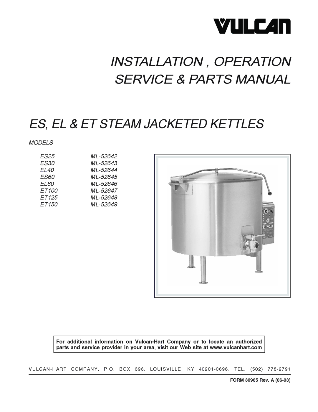 Vulcan-Hart ES25 ML-52642 manual Models 